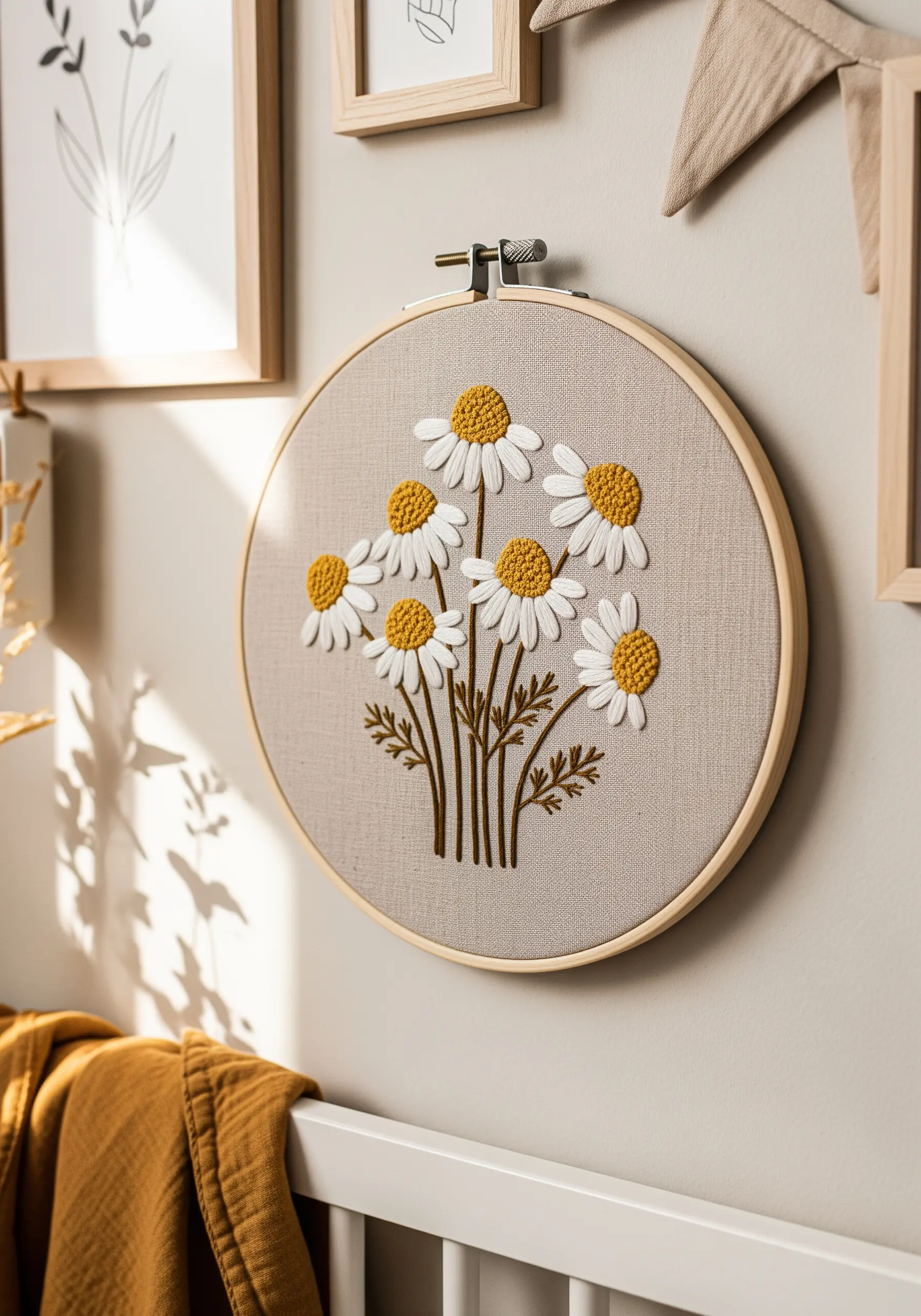 Daisies with white padded satin stitch petals and yellow French knot centers.