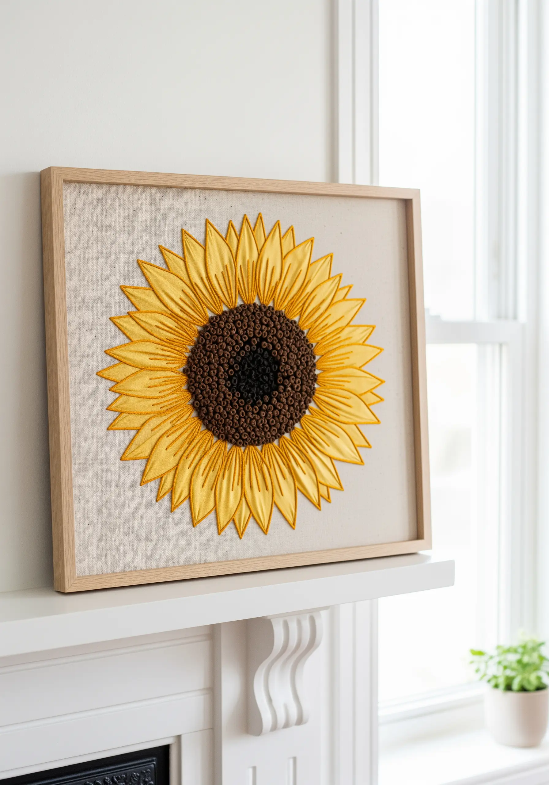 Framed embroidery of a vibrant sunflower with a textured French knot center and smooth petals.