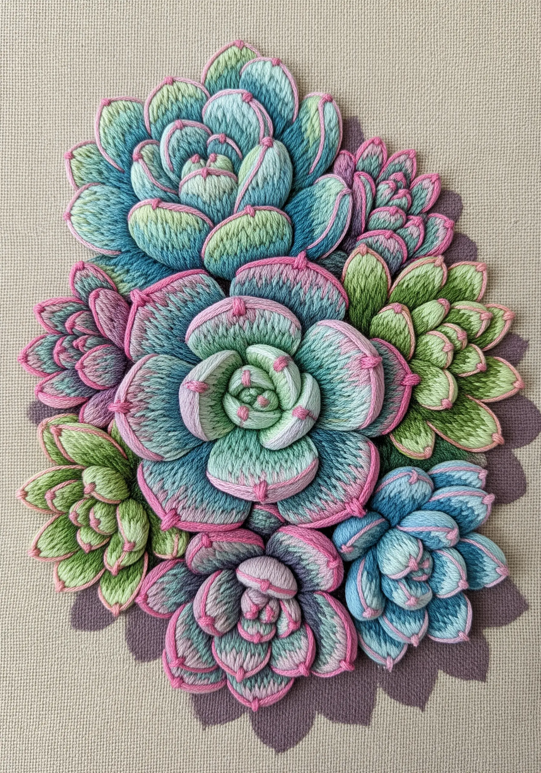 A cluster of 3D padded satin stitch succulents in blue, green, and pink.
