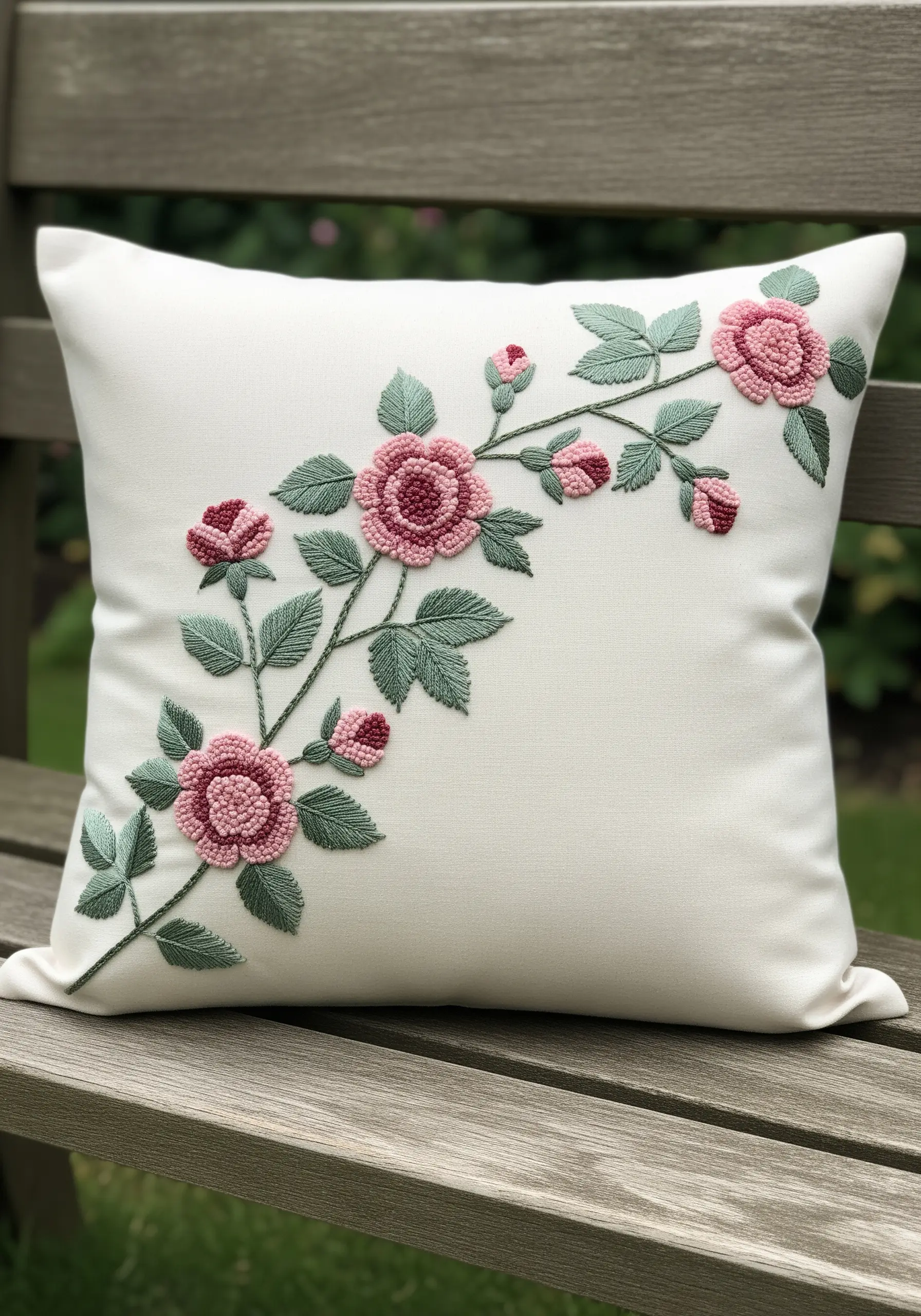 Pink roses with French knot centers and satin stitch leaves on a white pillow.