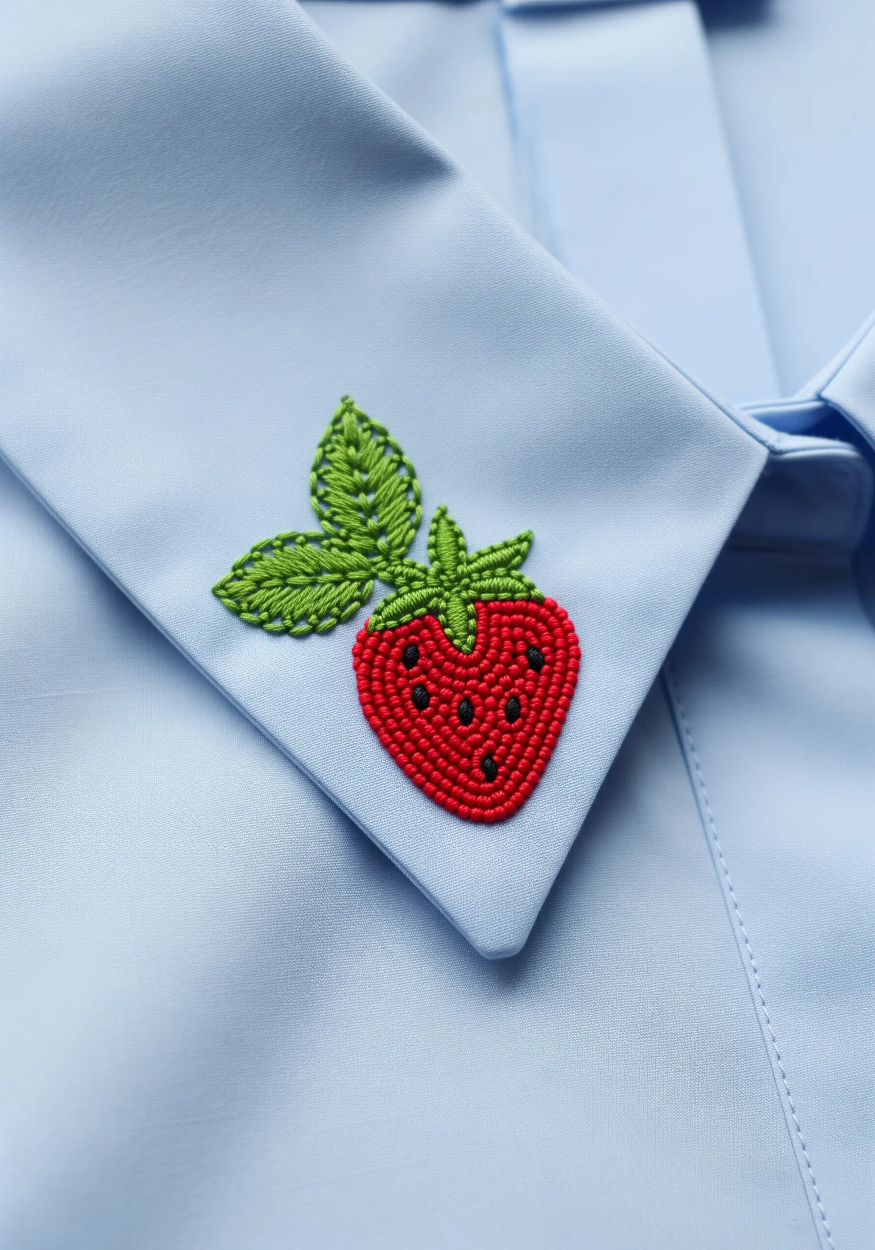 A textured strawberry embroidered on a blue shirt collar using woven wheel stitch.