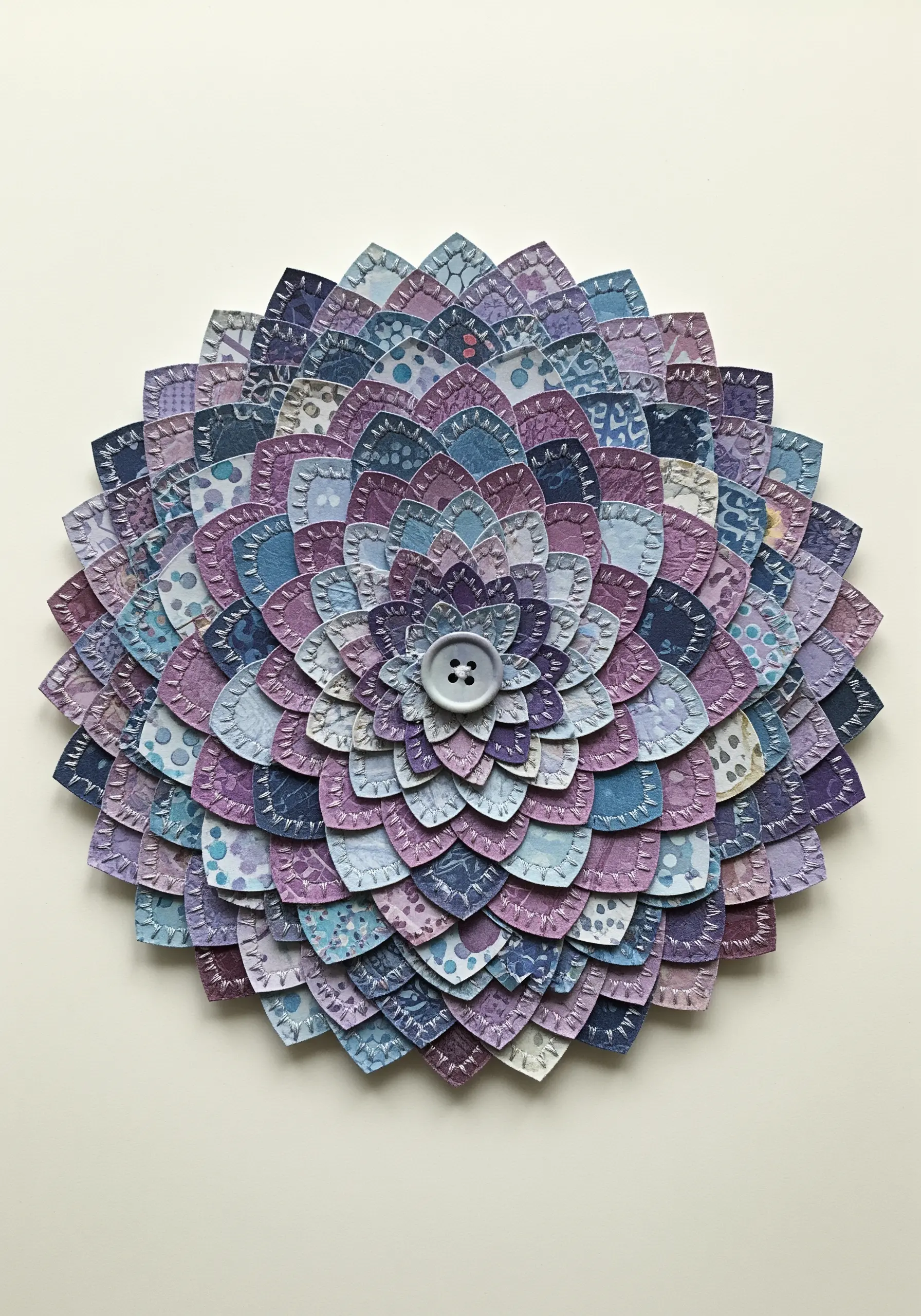 A layered paper mandala in shades of purple and blue, with each petal outlined in running stitch.