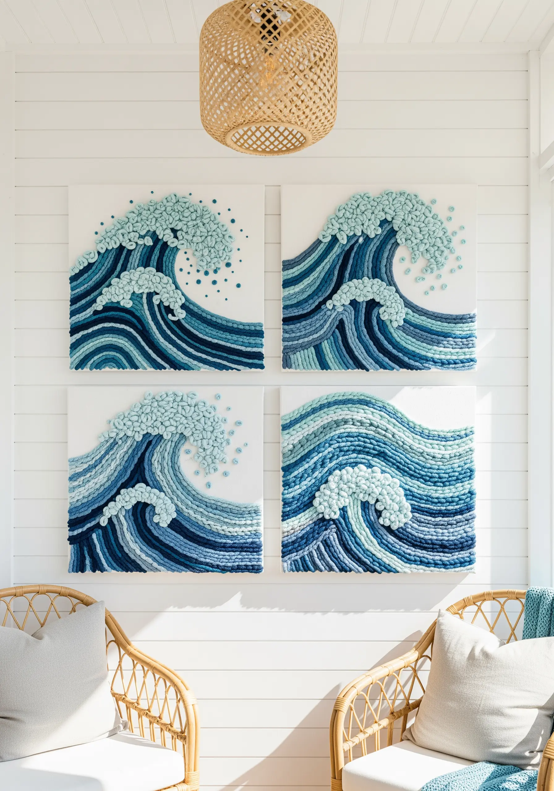 A set of four canvases with embroidered ocean waves using various yarns and textural stitches.