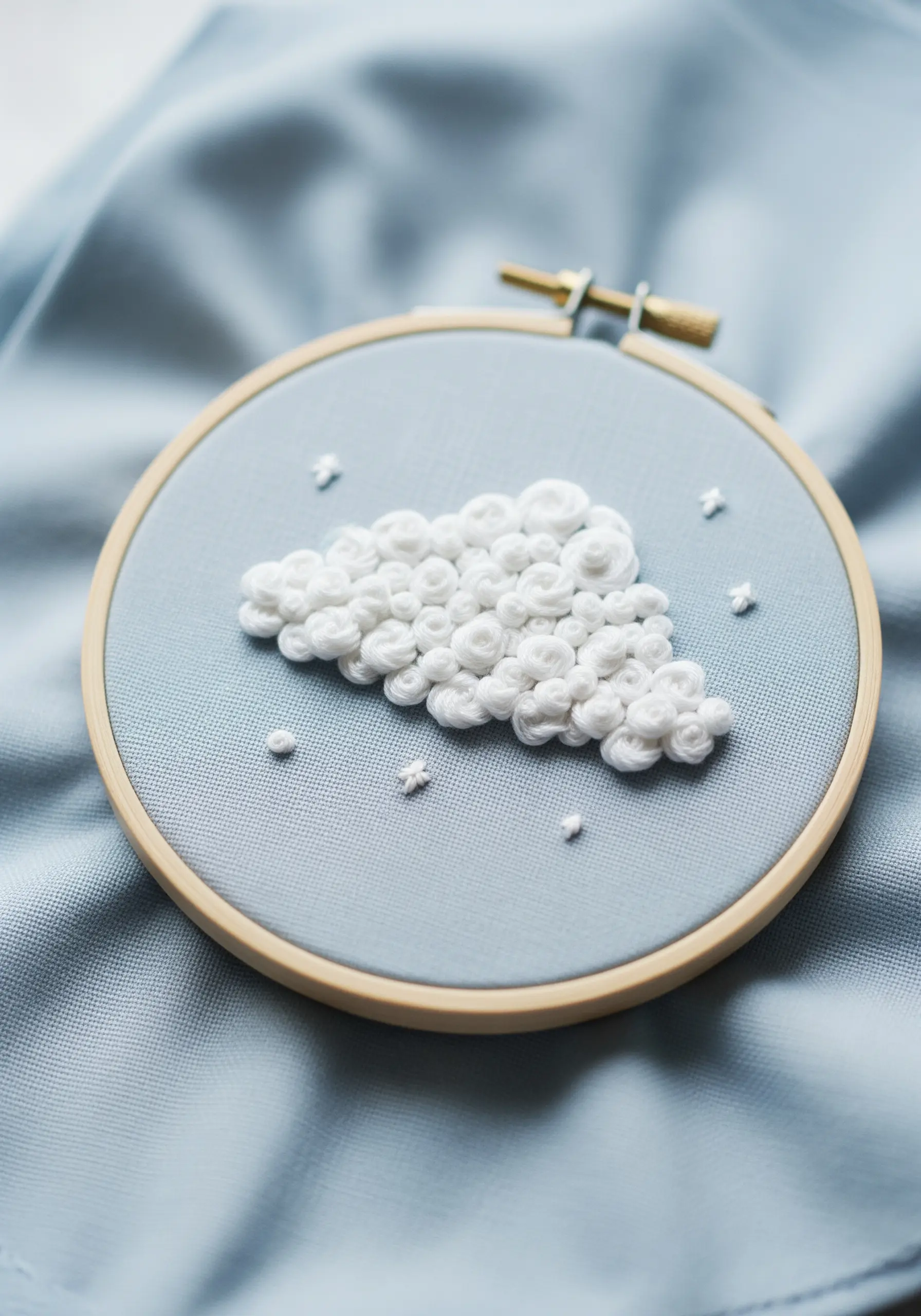 A fluffy white cloud made from dense French knots on a light blue fabric background.