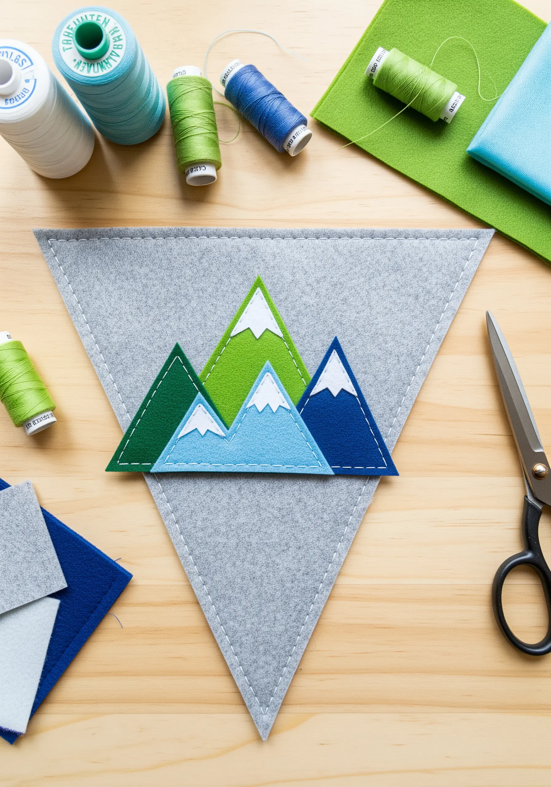 A felt pennant decorated with layered green and blue felt mountains with white snowy peaks.