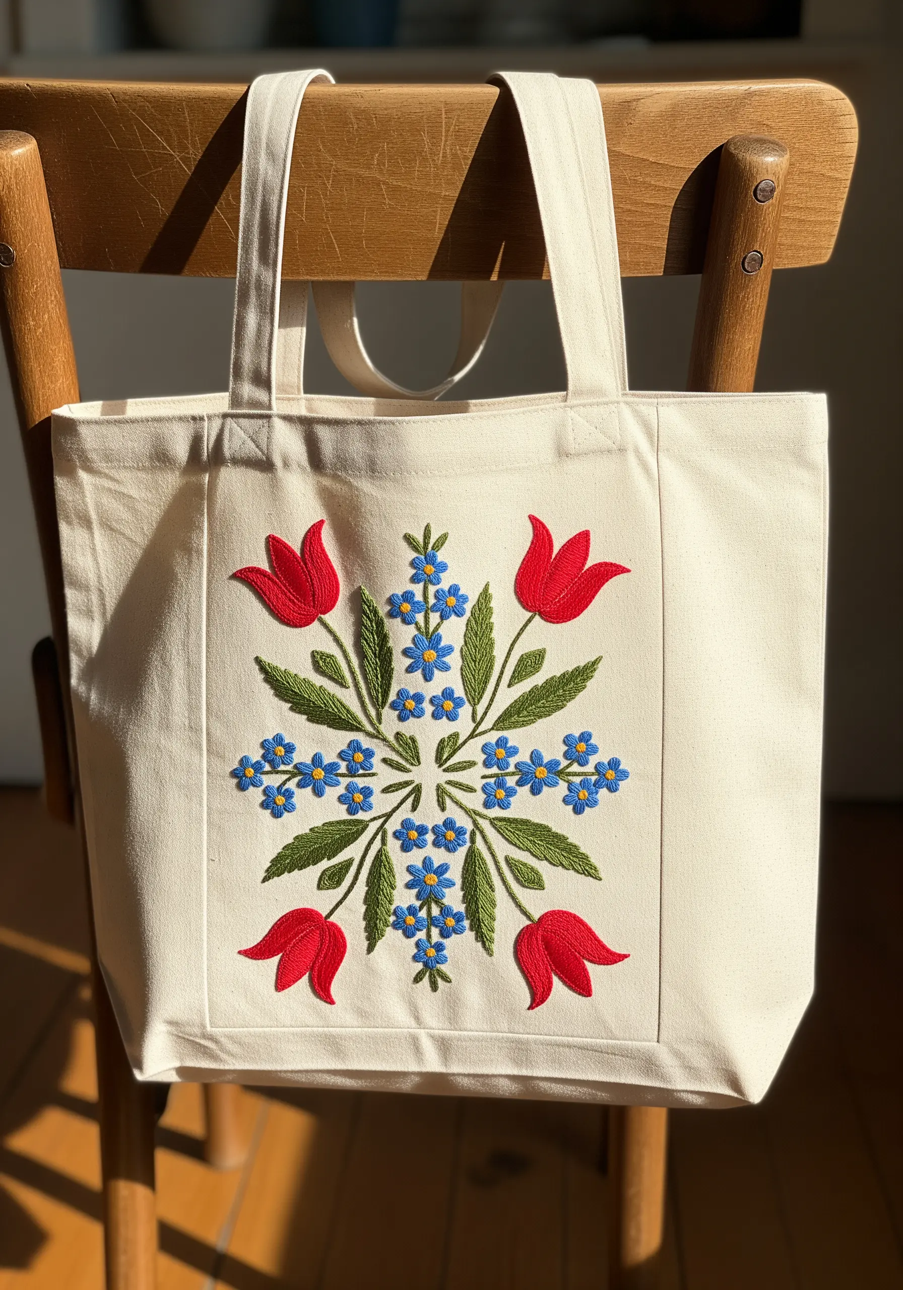 Symmetrical embroidery of red tulips and blue forget-me-nots on a tote bag