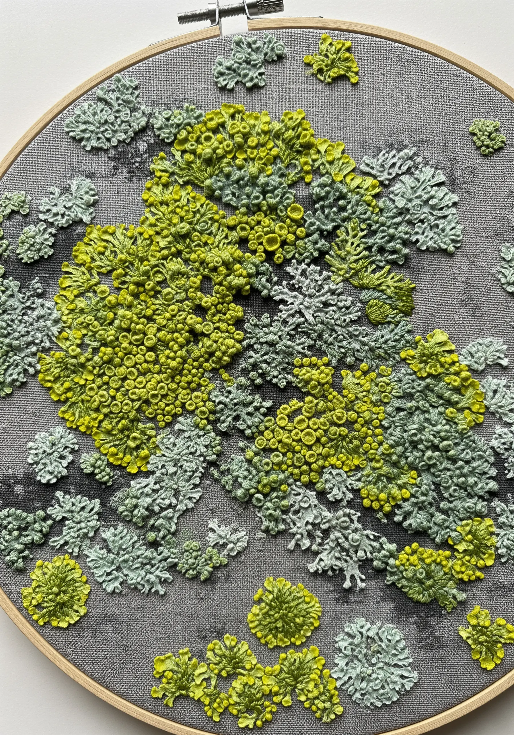 Close-up of embroidery hoop with highly textured, 3D lichen and moss in shades of green and grey.