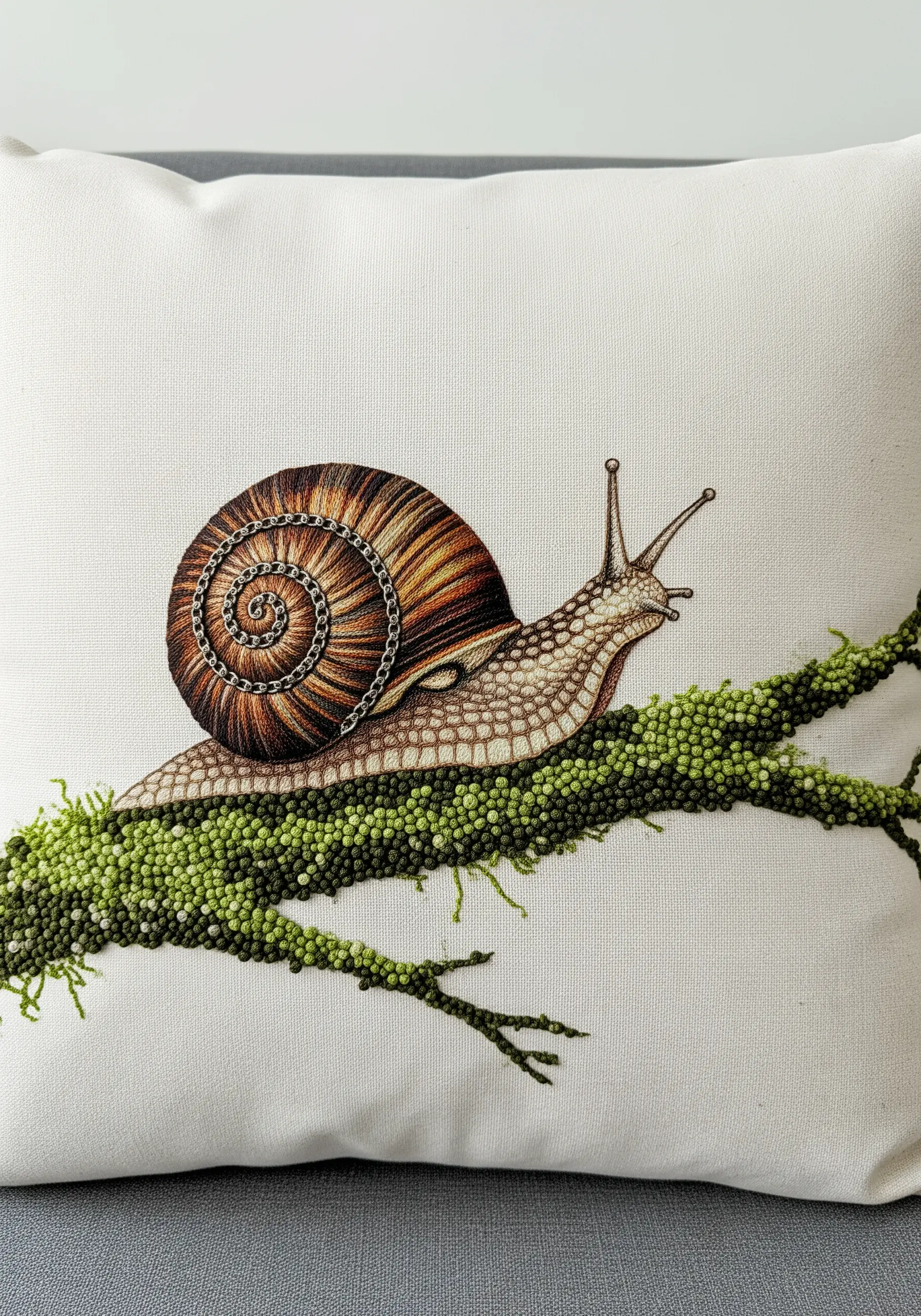 A realistic snail on a branch covered in textured green French knot moss.