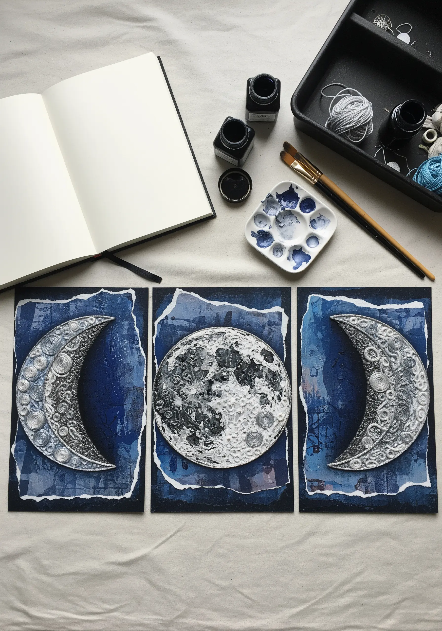 A triptych of embroidered moons with heavy, textured white and silver threads on a dark blue background.