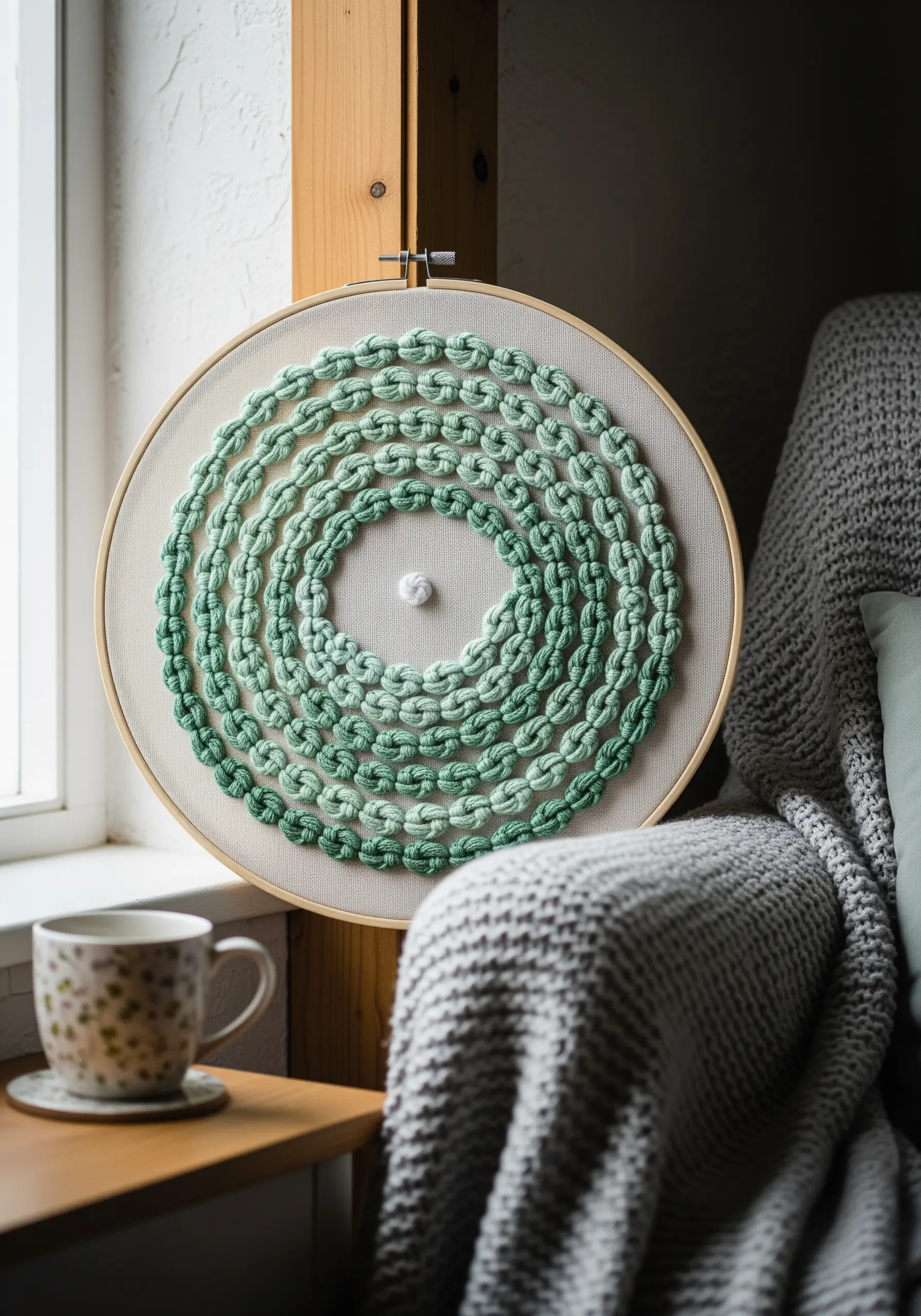 Embroidery hoop with concentric circles of green knots creating a textured, spiral medallion.