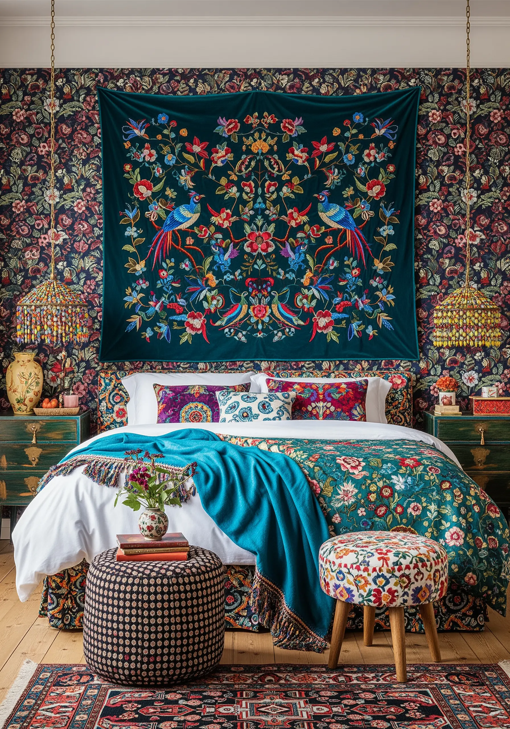 Richly embroidered velvet tapestry with colorful folkloric birds and dense floral patterns.