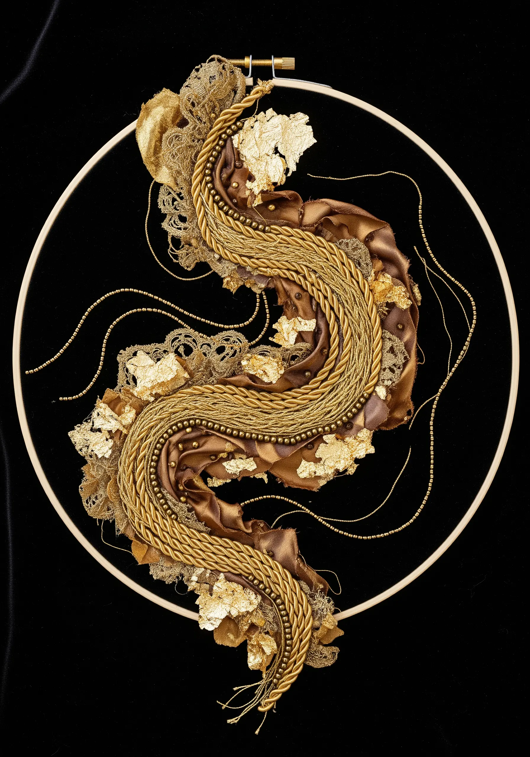 Ornate abstract embroidery with couched gold cord, satin ribbon, lace, and gold leaf.