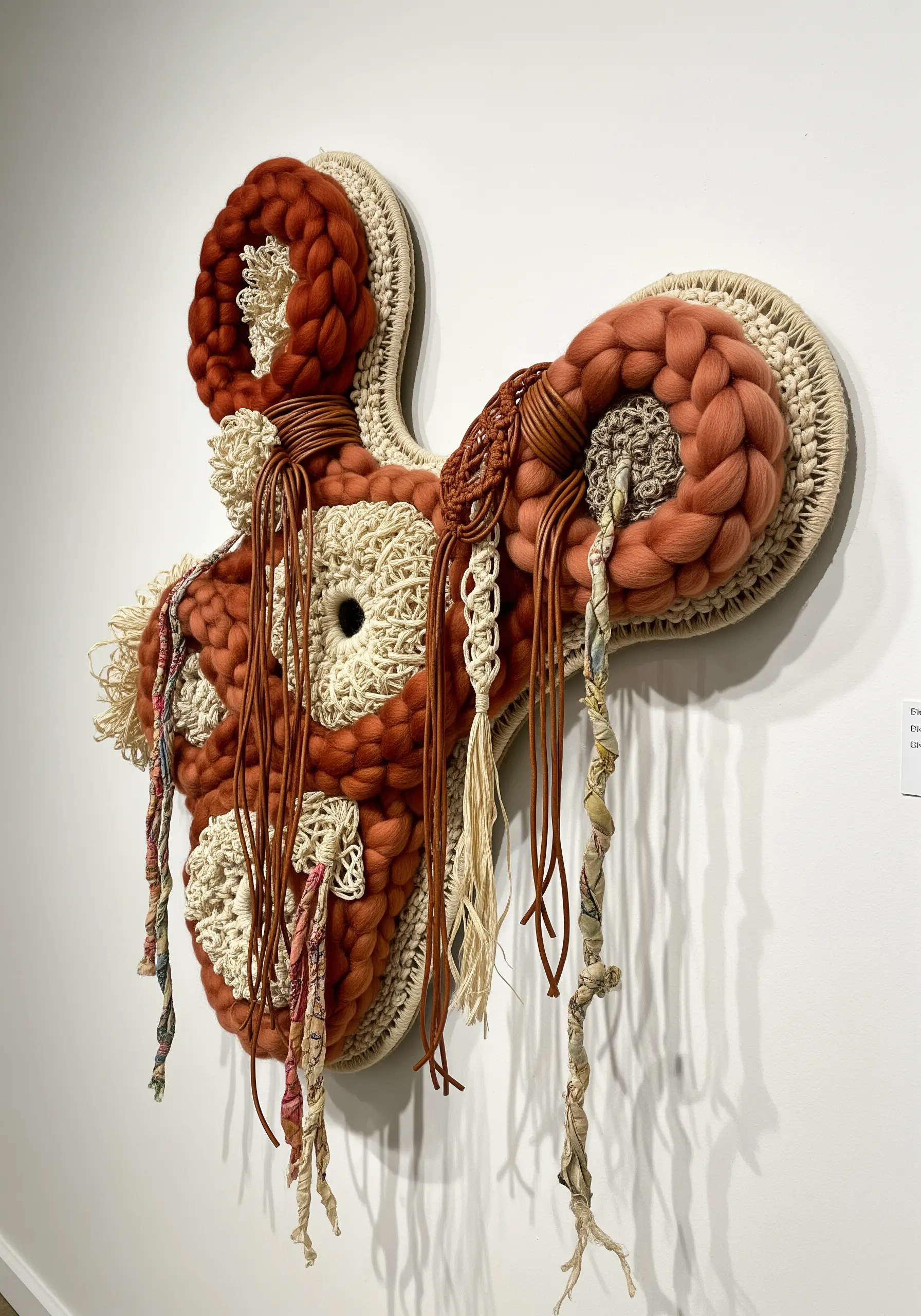 Abstract, three-dimensional fiber sculpture with coiled terracotta roving and leather strips.