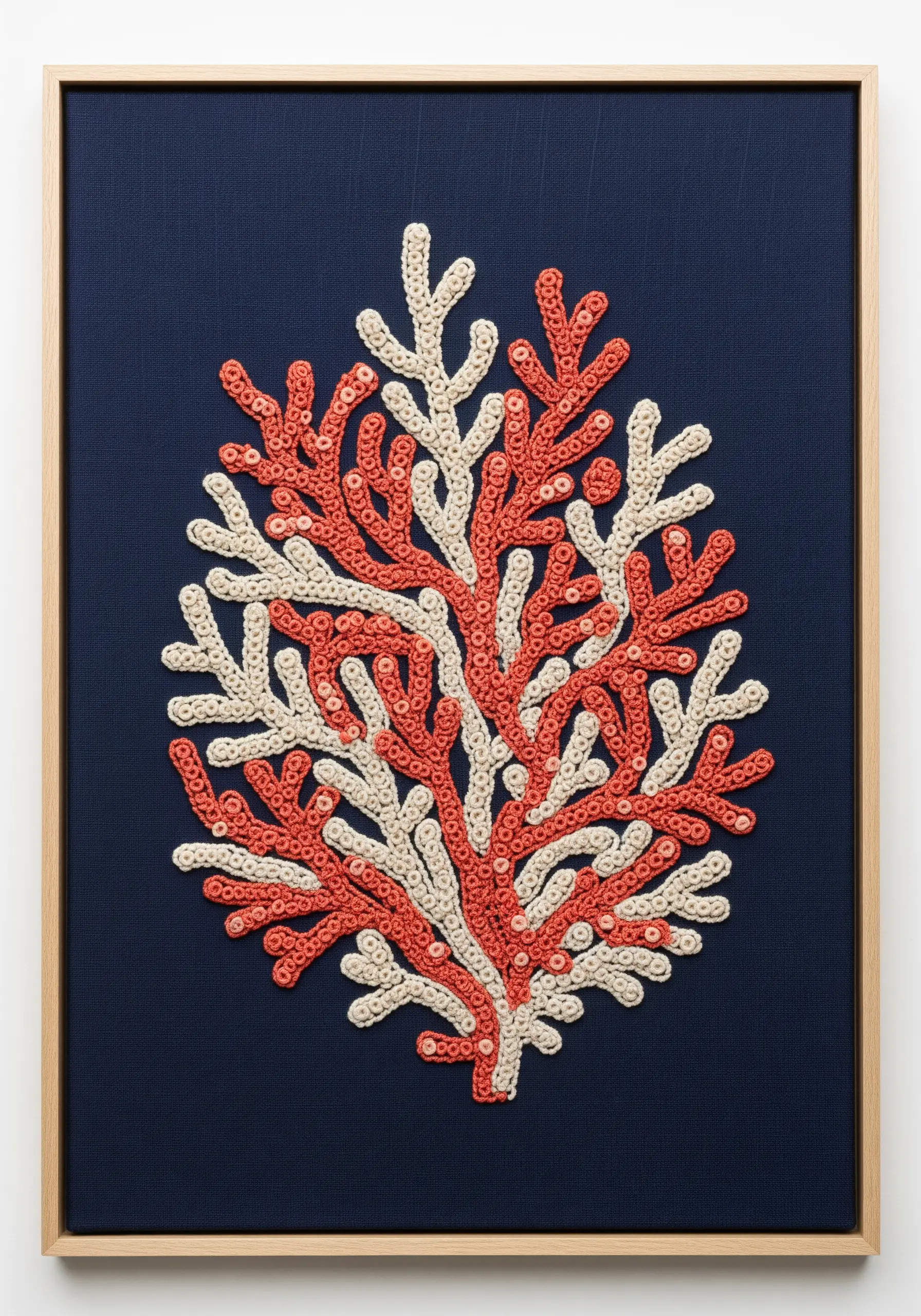 Textured embroidery of red and cream coral branches on a dark blue background.