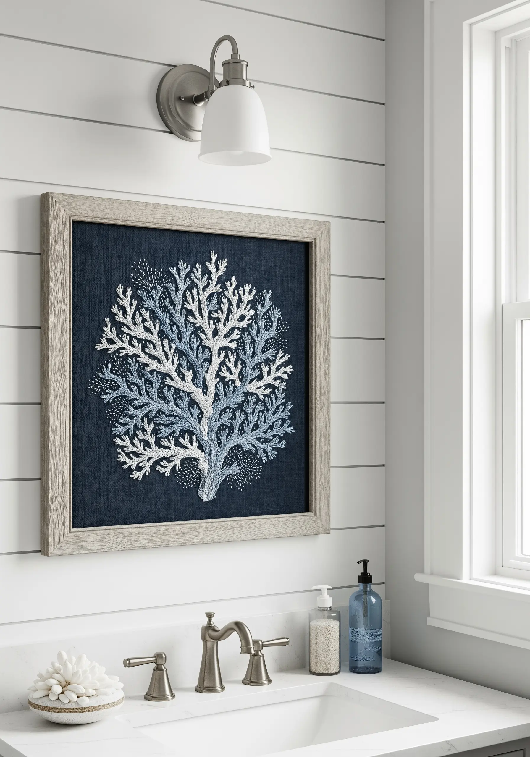 Blue and white embroidered coral motif with French knots and seed stitches.