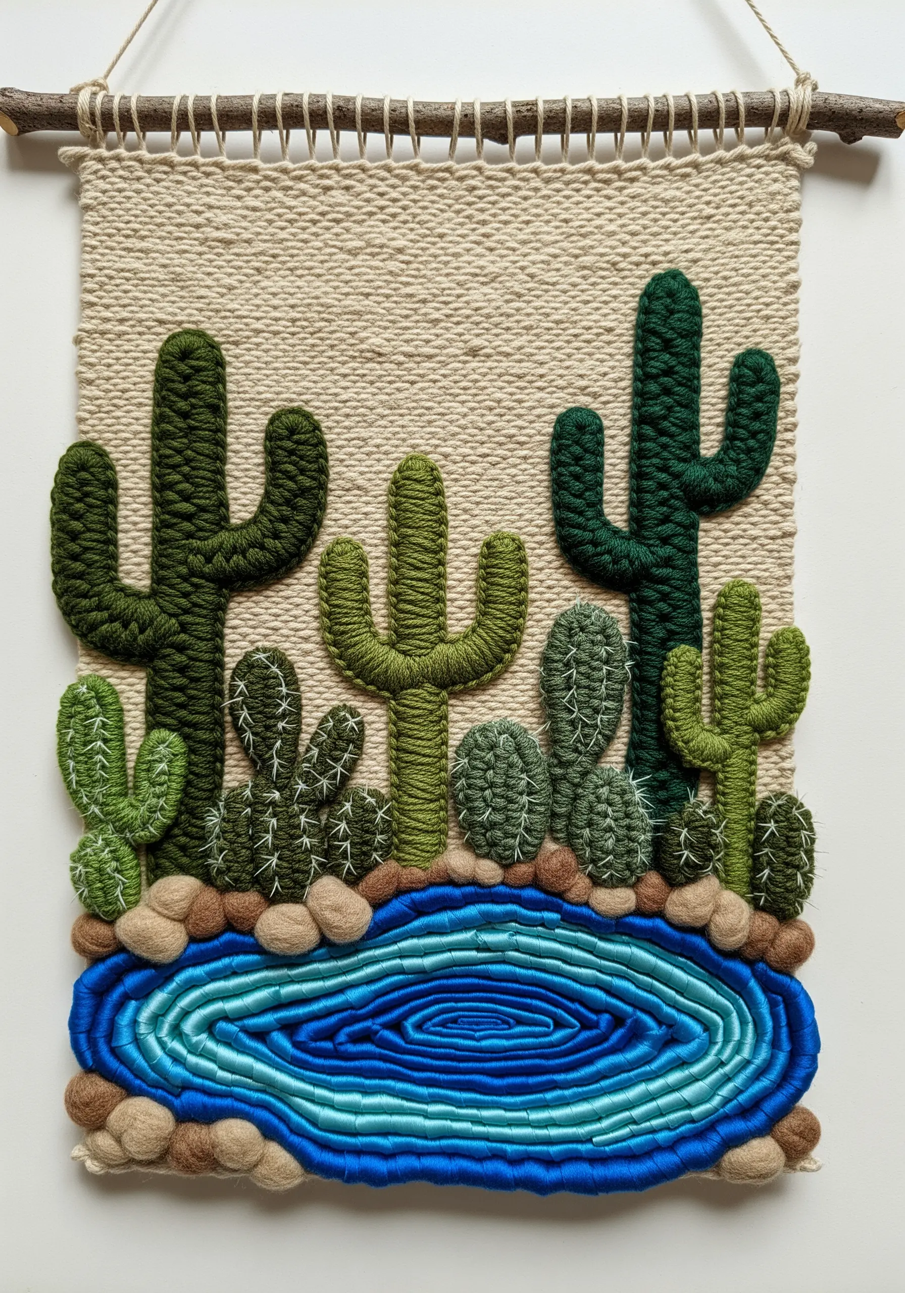Woven wall hanging with 3D padded cacti and a coiled blue yarn oasis.