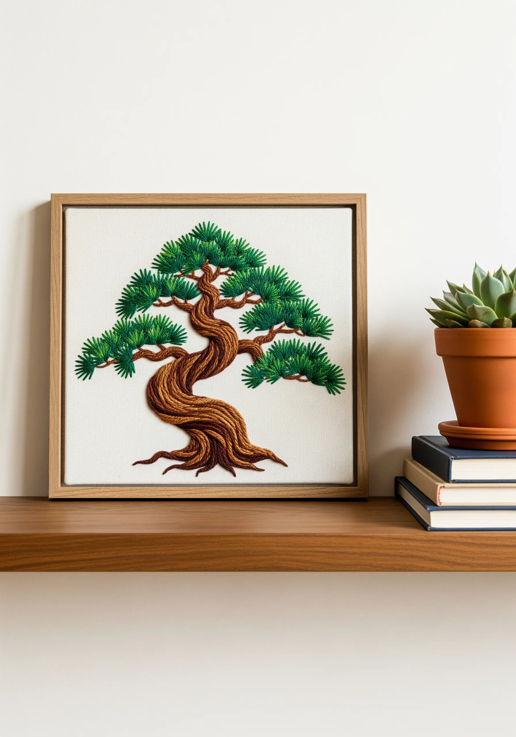 A framed embroidery of a twisted bonsai tree with detailed bark texture.