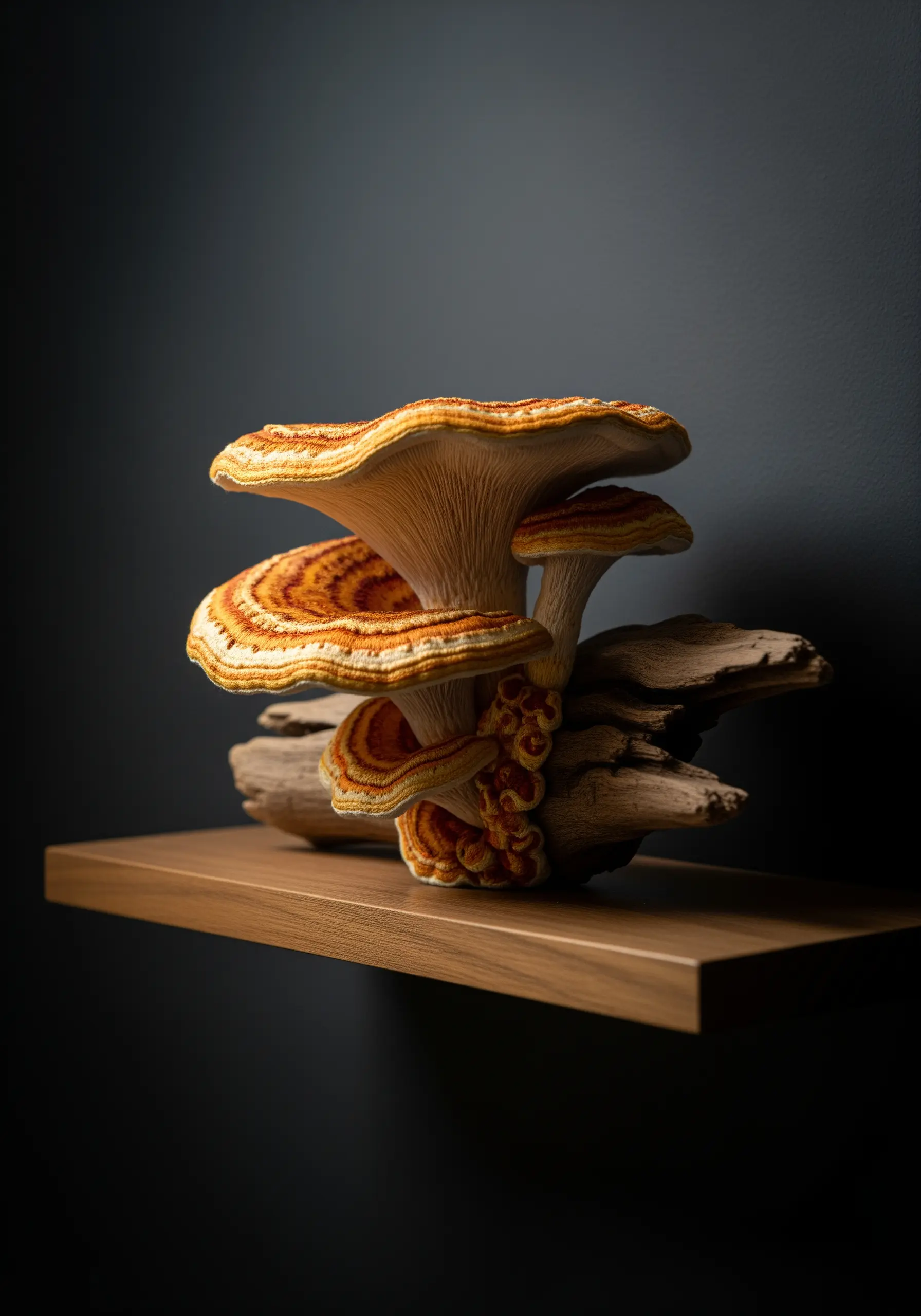 Sculptural embroidery of shelf fungus with orange and yellow gradient thread painting.