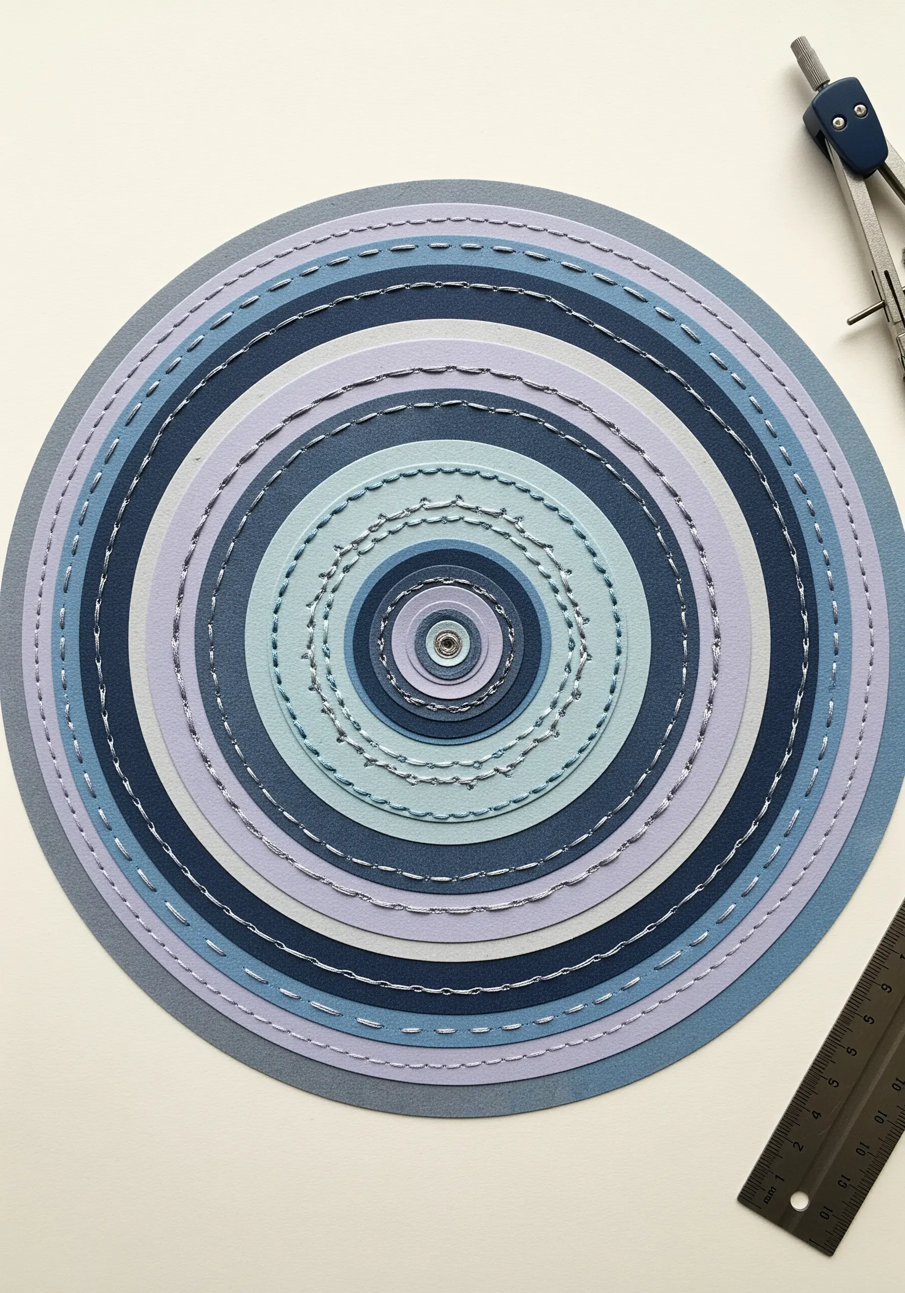 Concentric paper circles in shades of blue and purple with different stitch patterns in each ring.