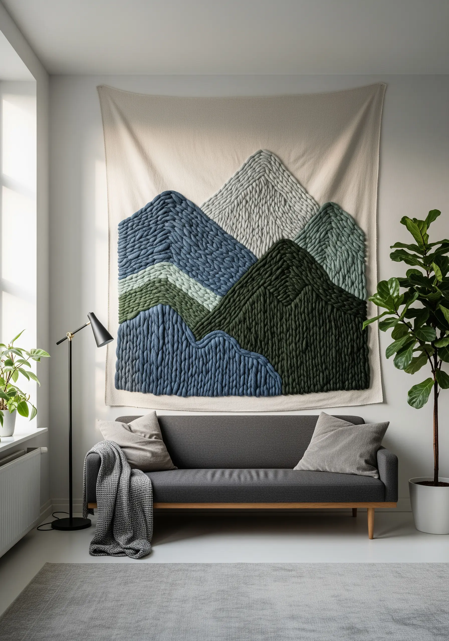 Large-scale embroidered mountain landscape using chunky blue, green, and grey yarn.
