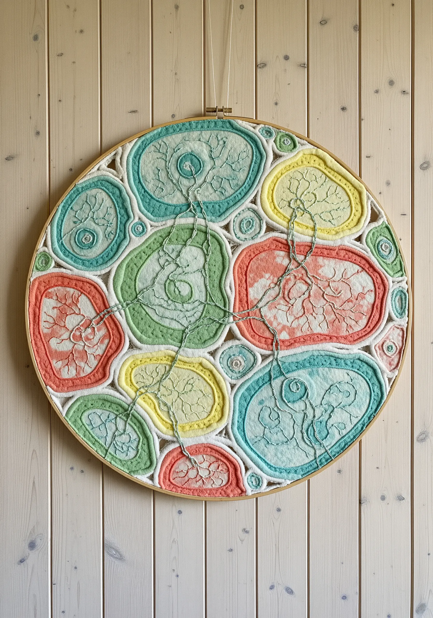 A large hoop art piece with padded, cell-like fabric shapes outlined in thick yarn.