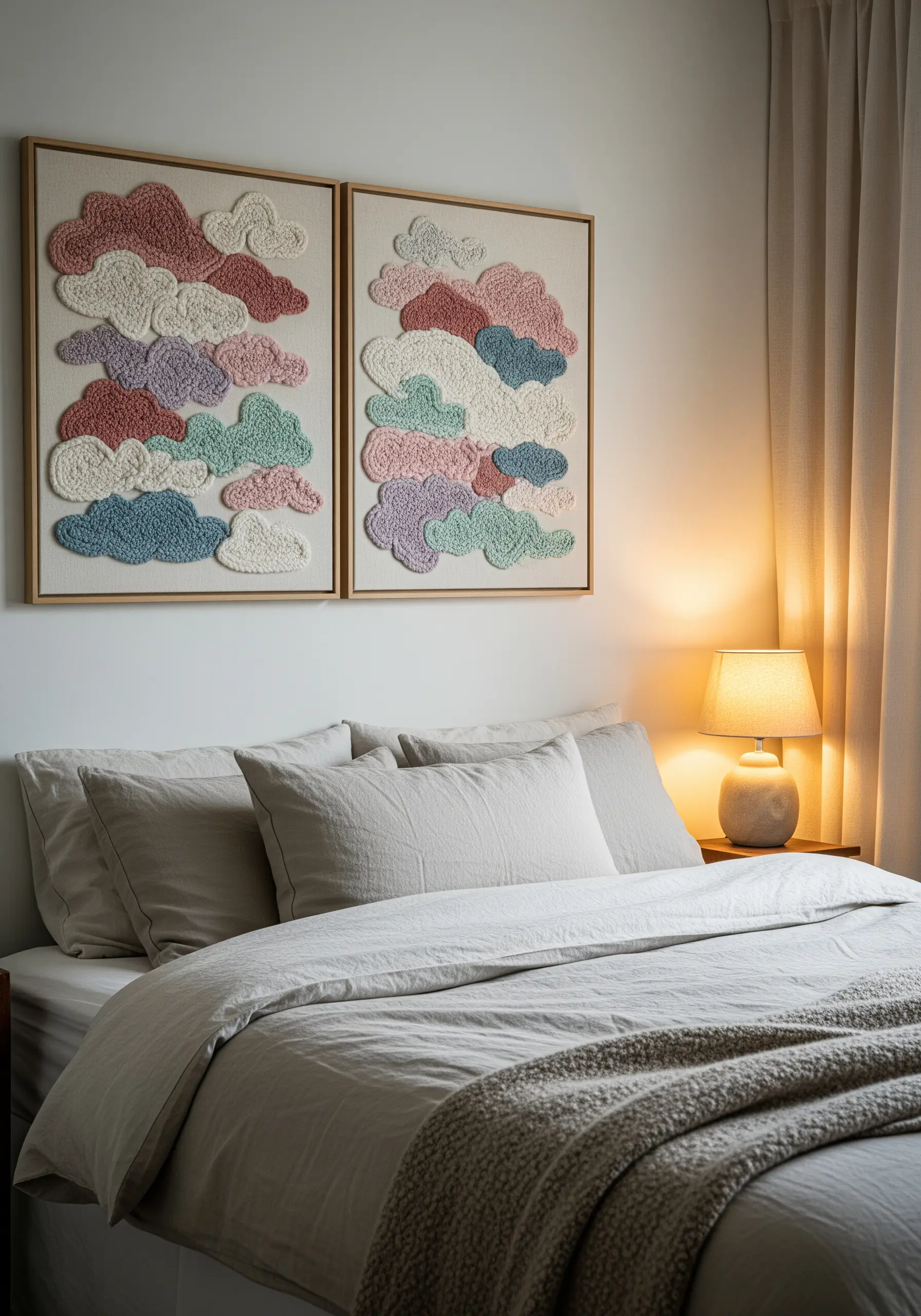 A pair of framed embroidery pieces with fluffy, textured clouds made of pastel French knots.