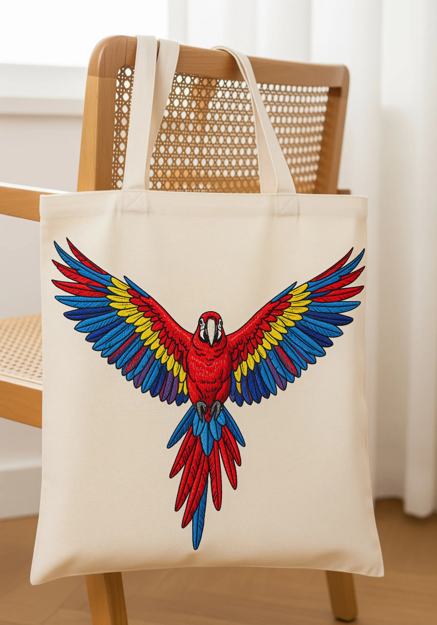 Symmetrical red, yellow, and blue macaw embroidery with wings spread wide on a tote bag.