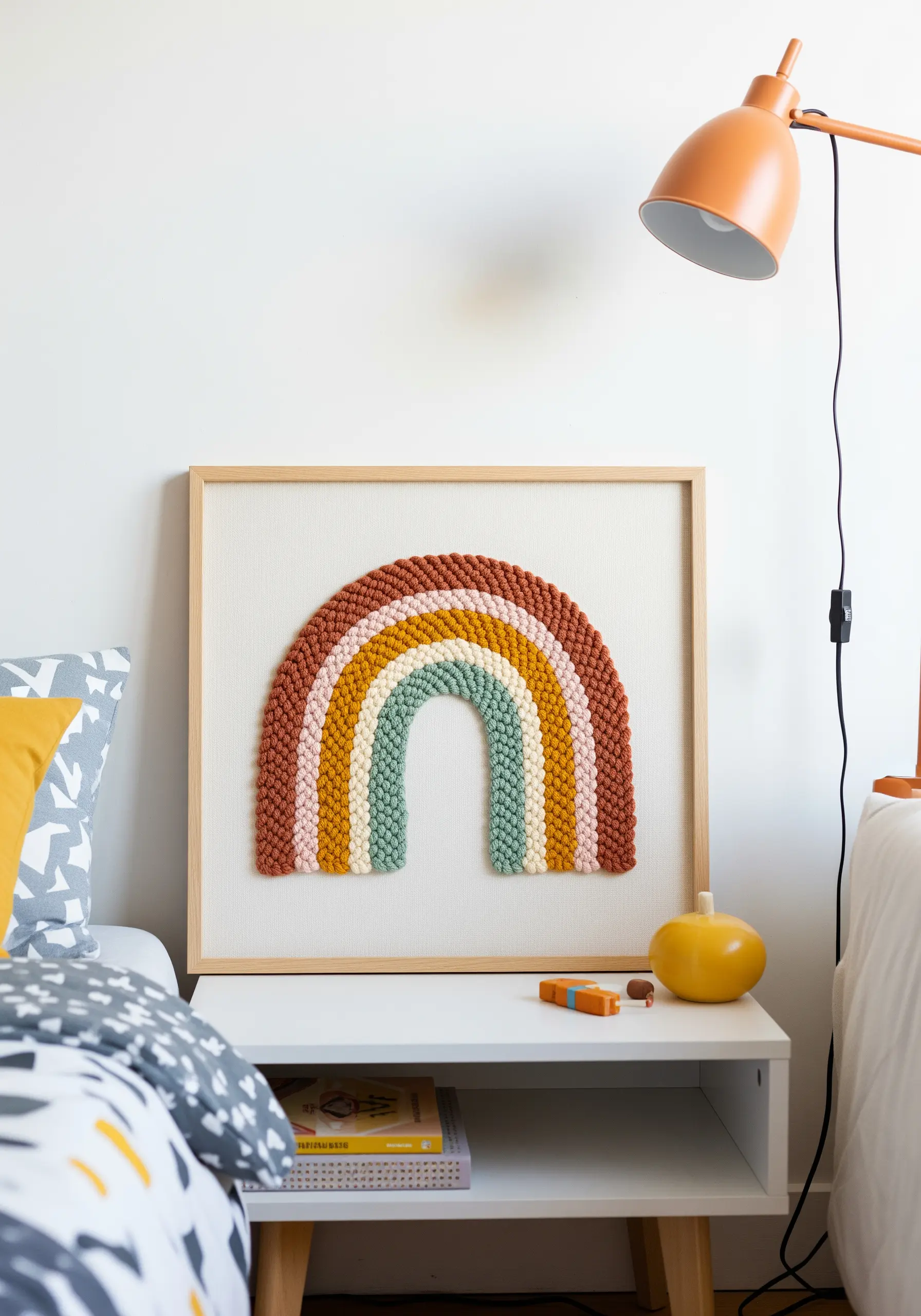 A punch needle rainbow with earthy tones, framed as wall art next to a bed.