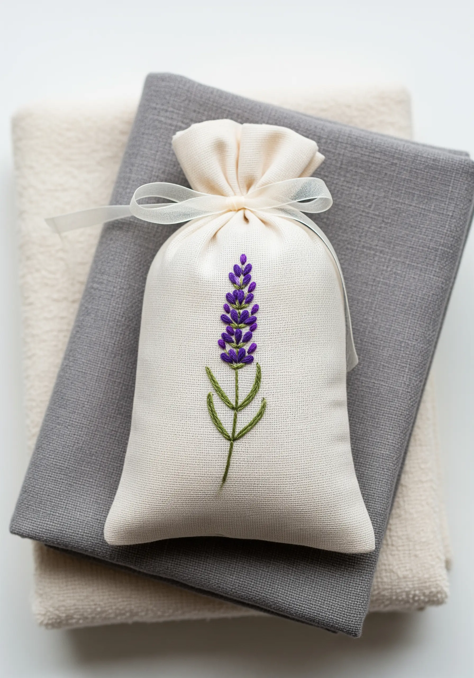 A small linen drawstring bag with a single sprig of lavender embroidered on the front.