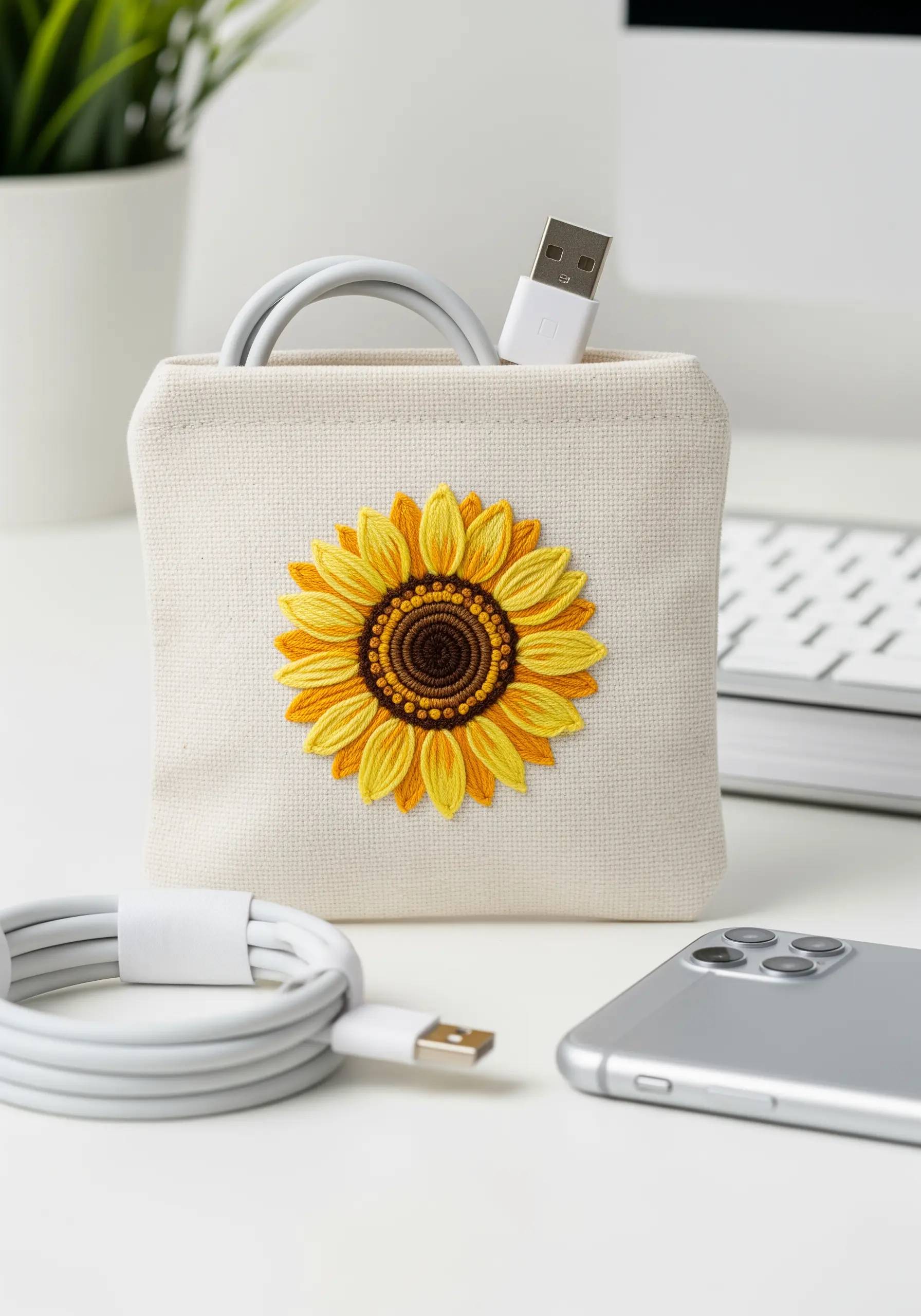 Detailed sunflower embroidery with layered stitches on a small canvas pouch