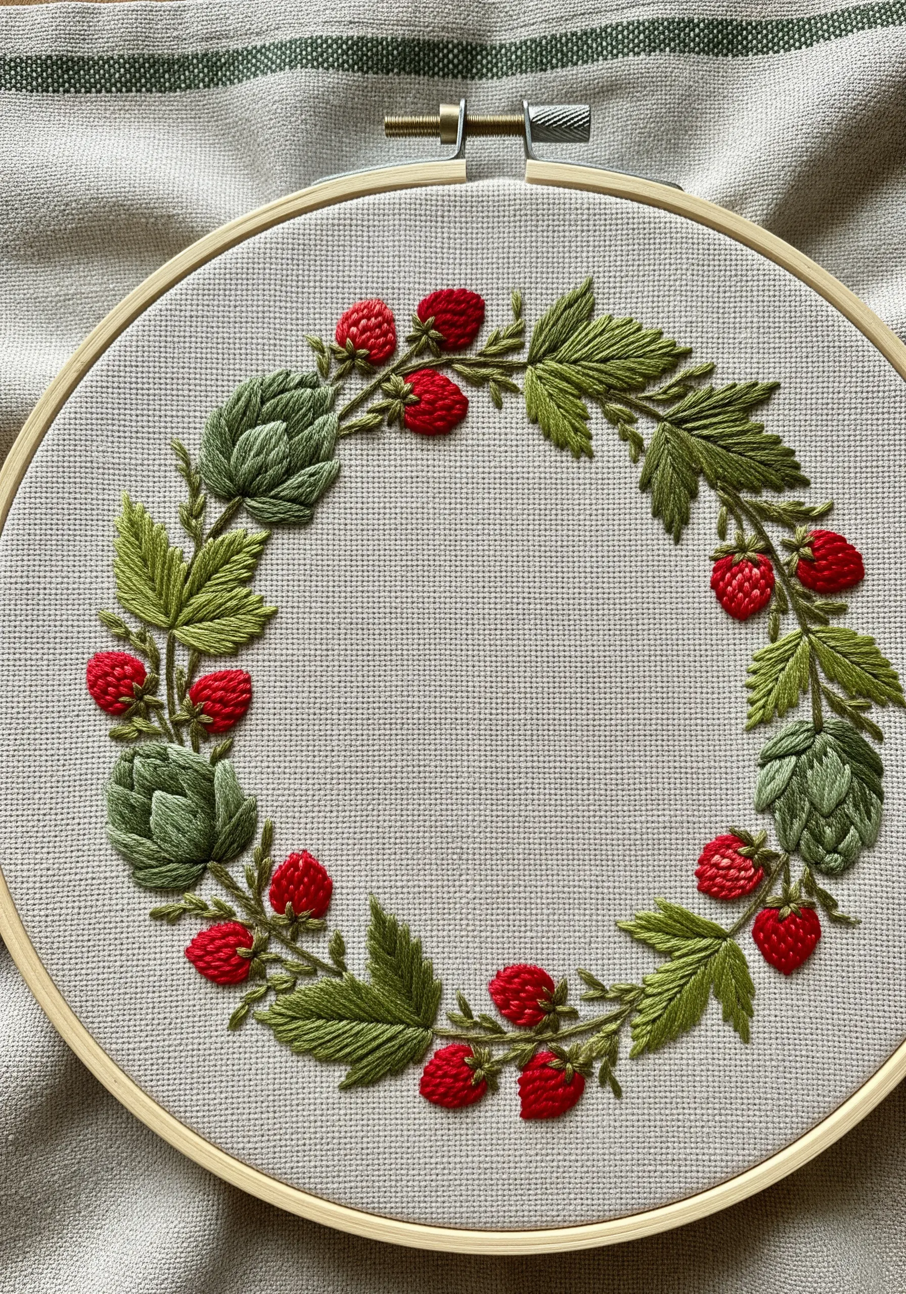 A dimensional strawberry and leaf wreath using textured stitches and organic wool thread.
