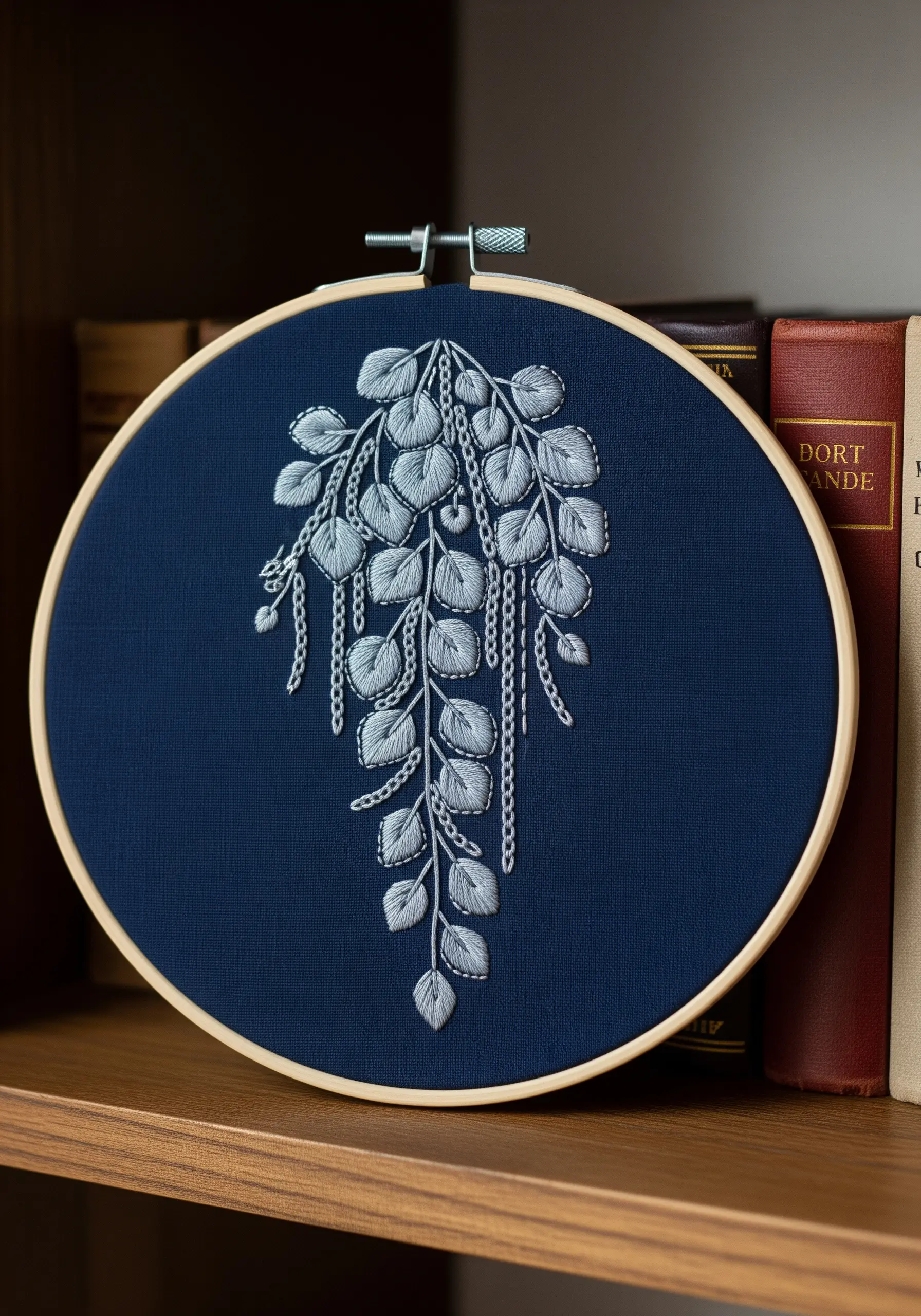 Eucalyptus branches embroidered in pale blue thread on a dark navy blue fabric.