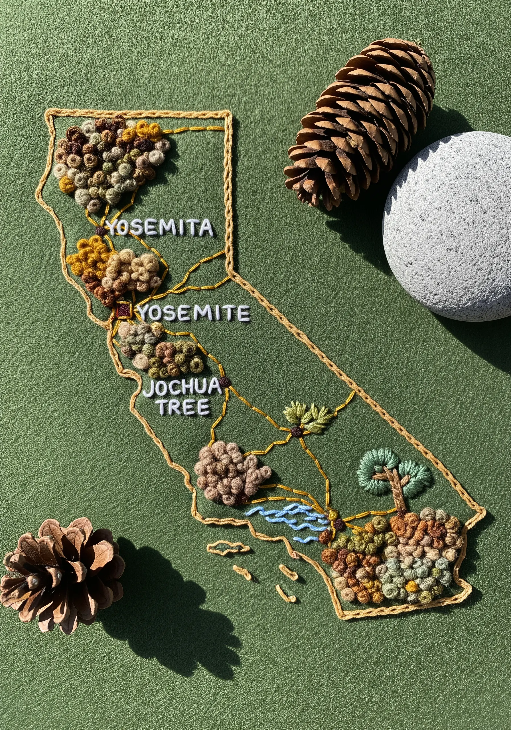 Embroidered map of California with national parks textured with dense French knots.