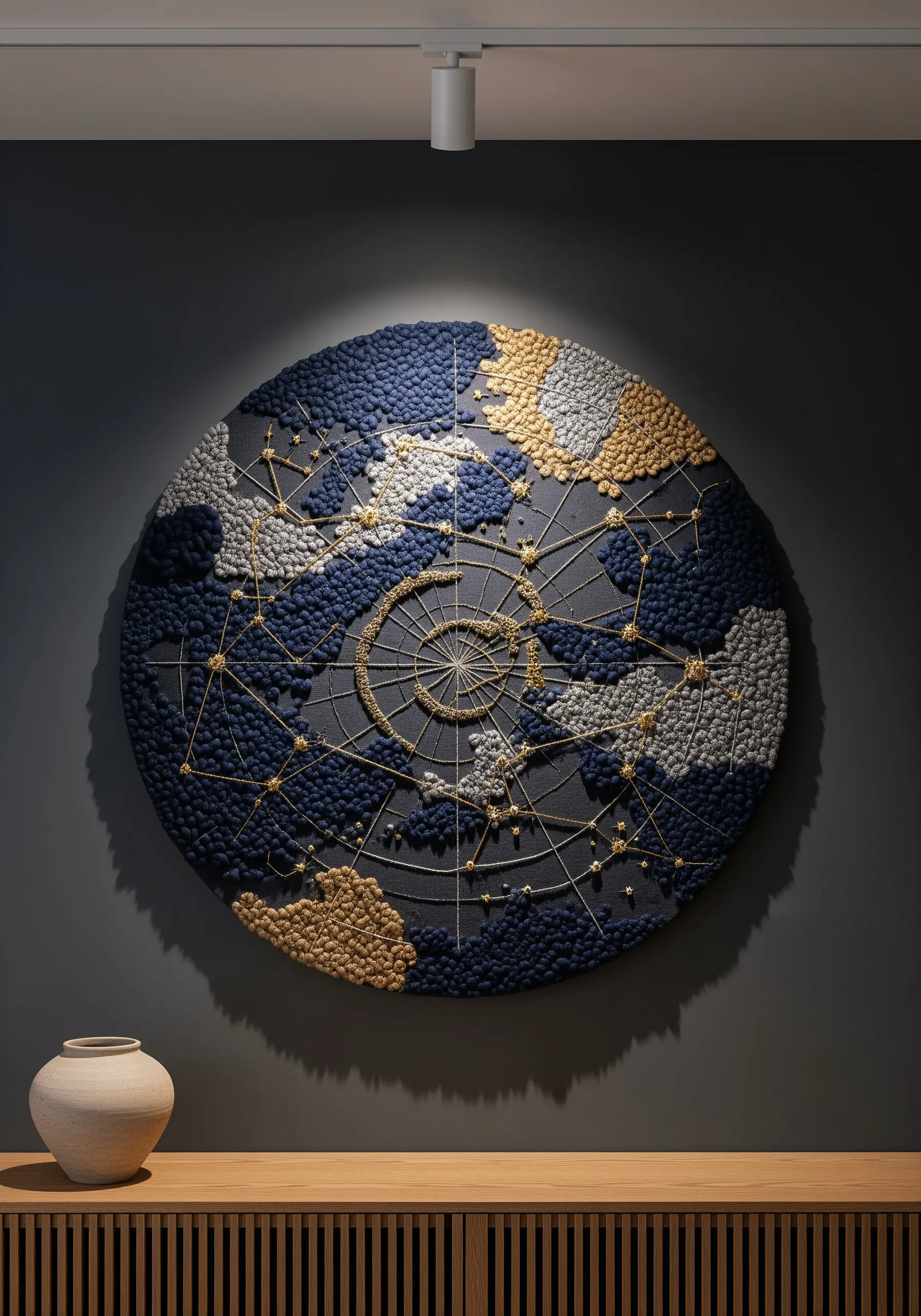 Large circular punch needle wall art with blue, grey, and gold textured sections and metallic threads.