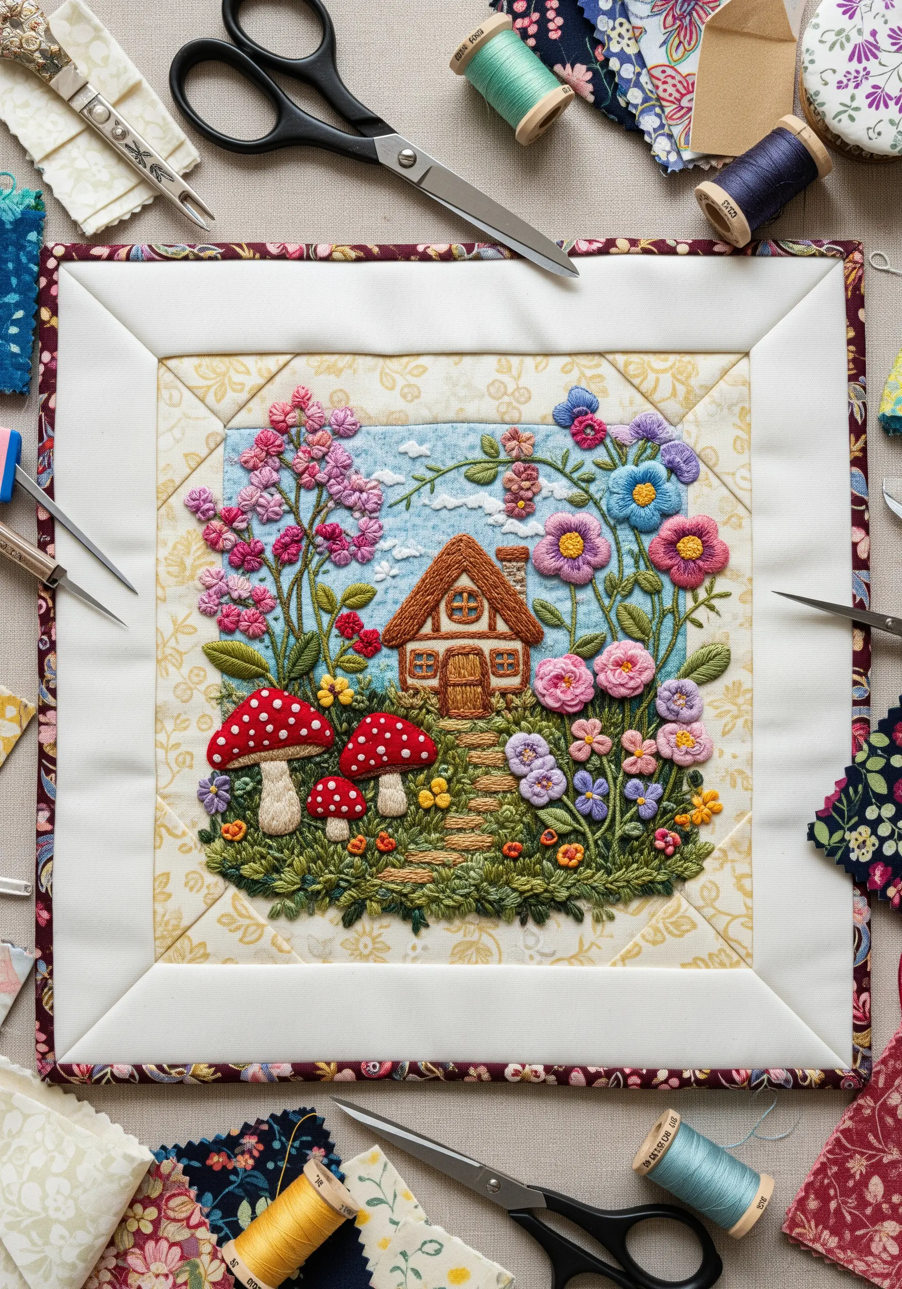 A whimsical, highly-textured embroidery of a cottage surrounded by flowers and mushrooms.