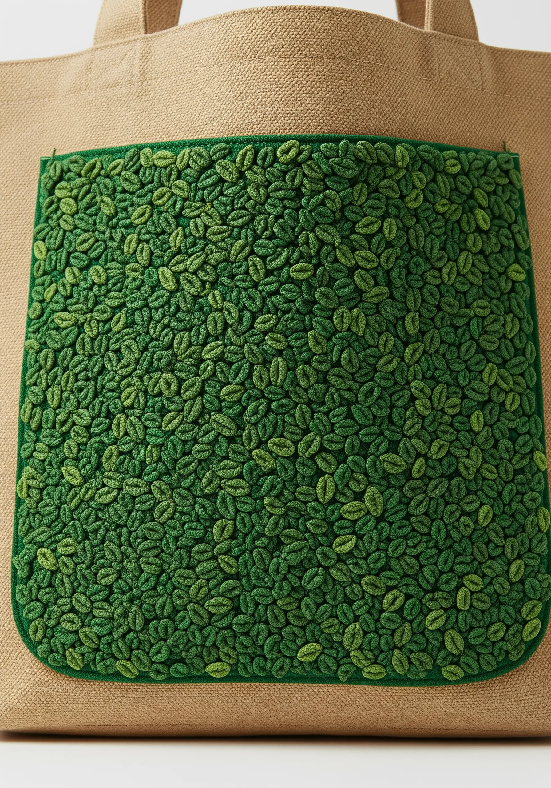 A tote bag pocket covered in dense, 3D embroidered leaves in shades of green.