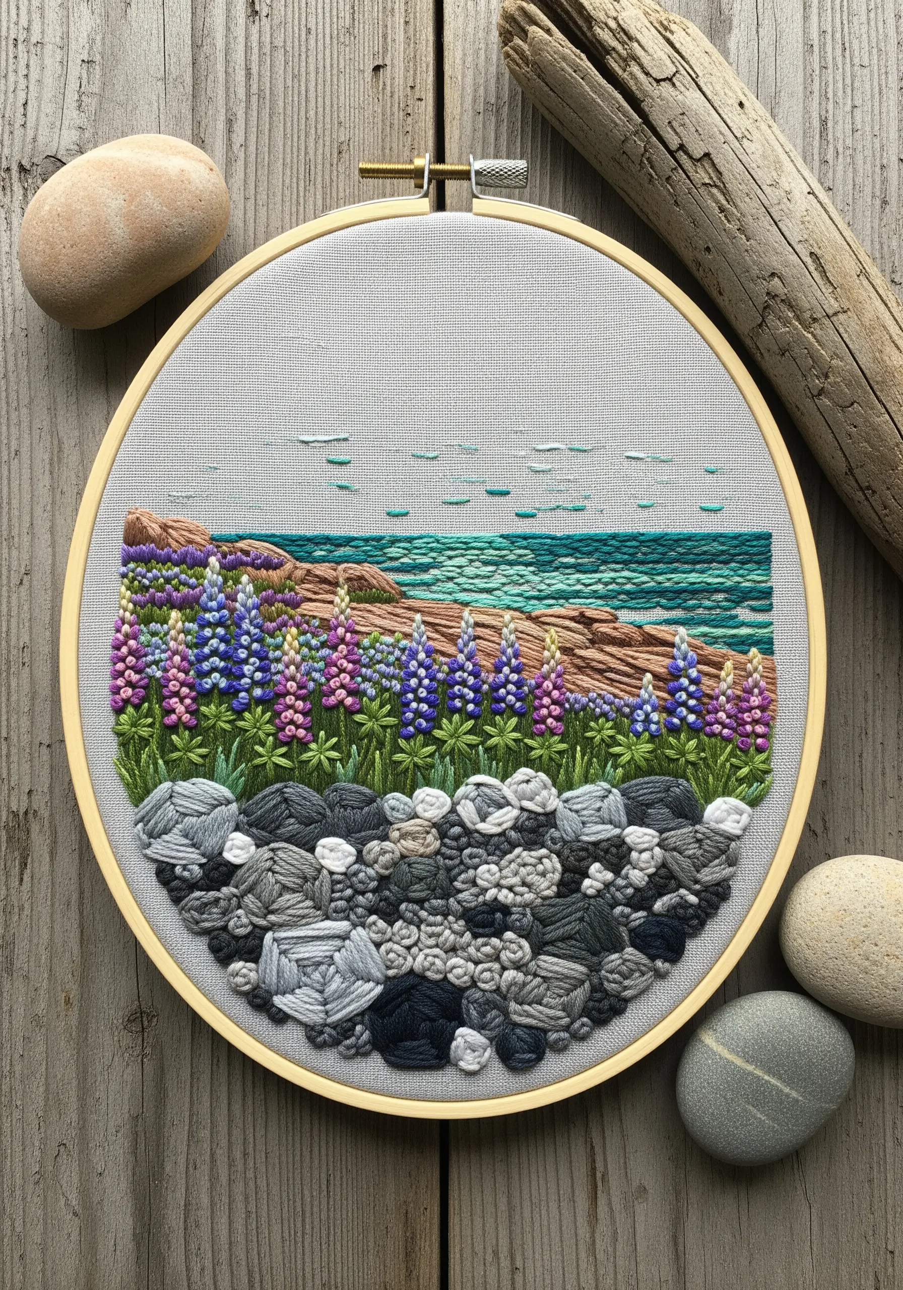 Embroidery of a rocky shoreline with padded satin stitch stones, lupines, and ocean waves.