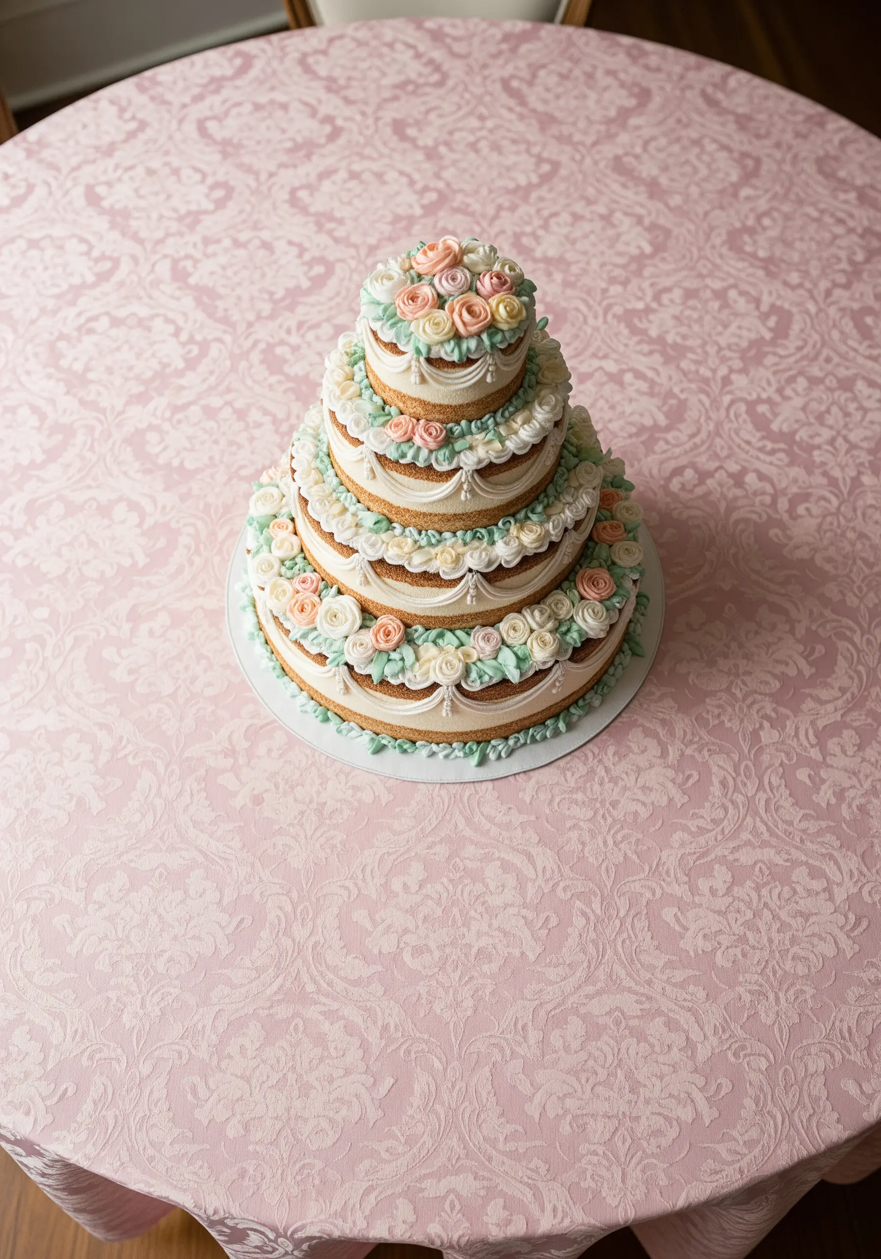 A highly detailed multi-tiered wedding cake with embroidered roses and piped icing.