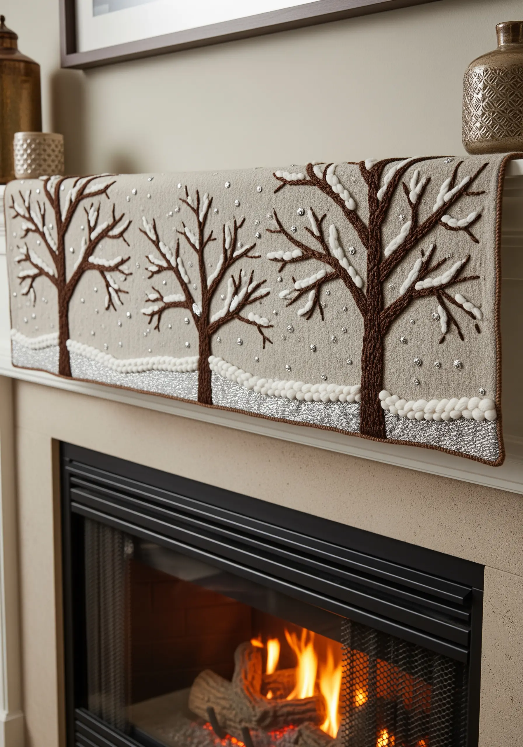 A mantel runner with embroidered winter trees using thick yarn and pom-poms for snow.