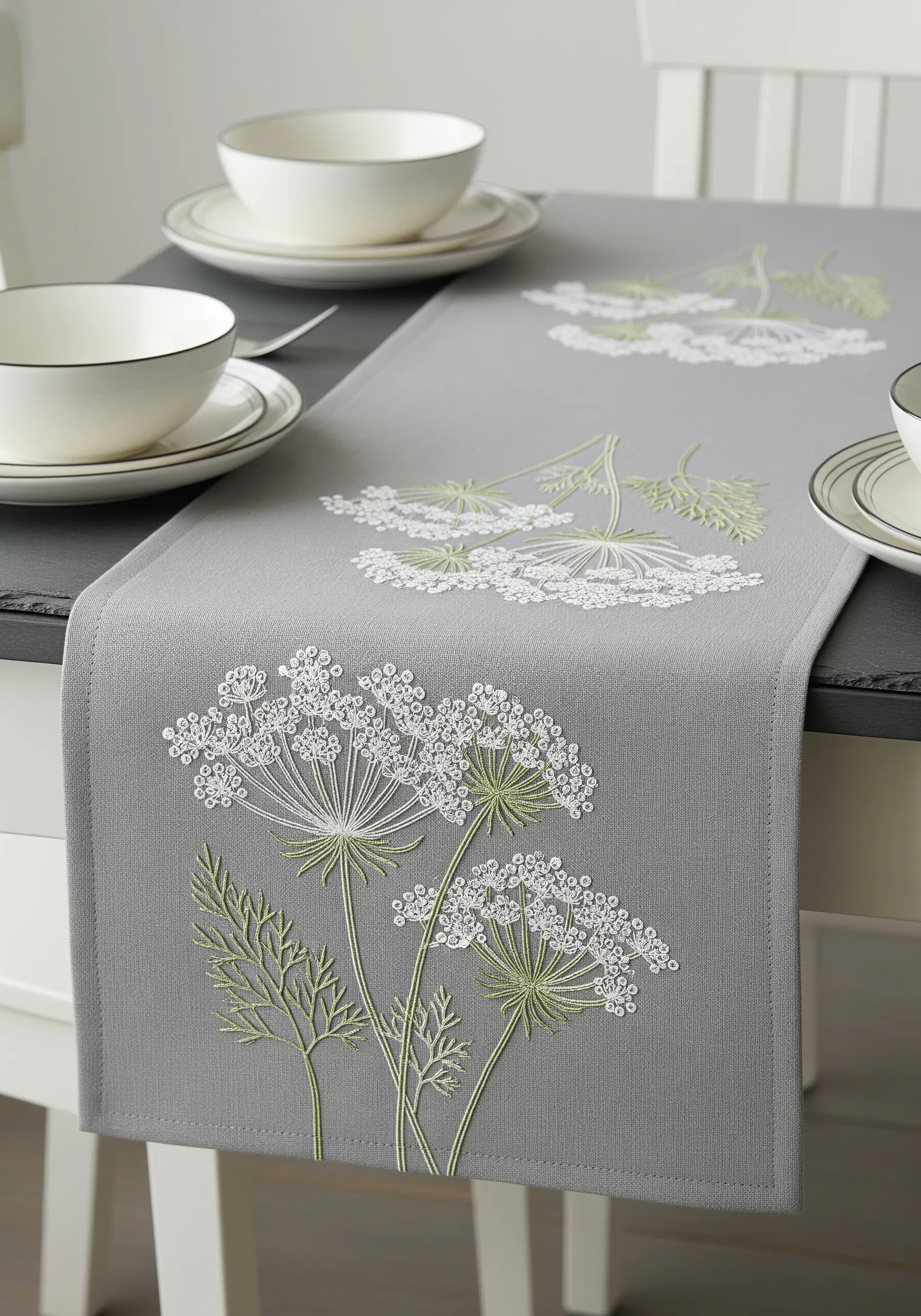 Embroidery of Queen Anne's Lace using white French knots on a grey table runner.