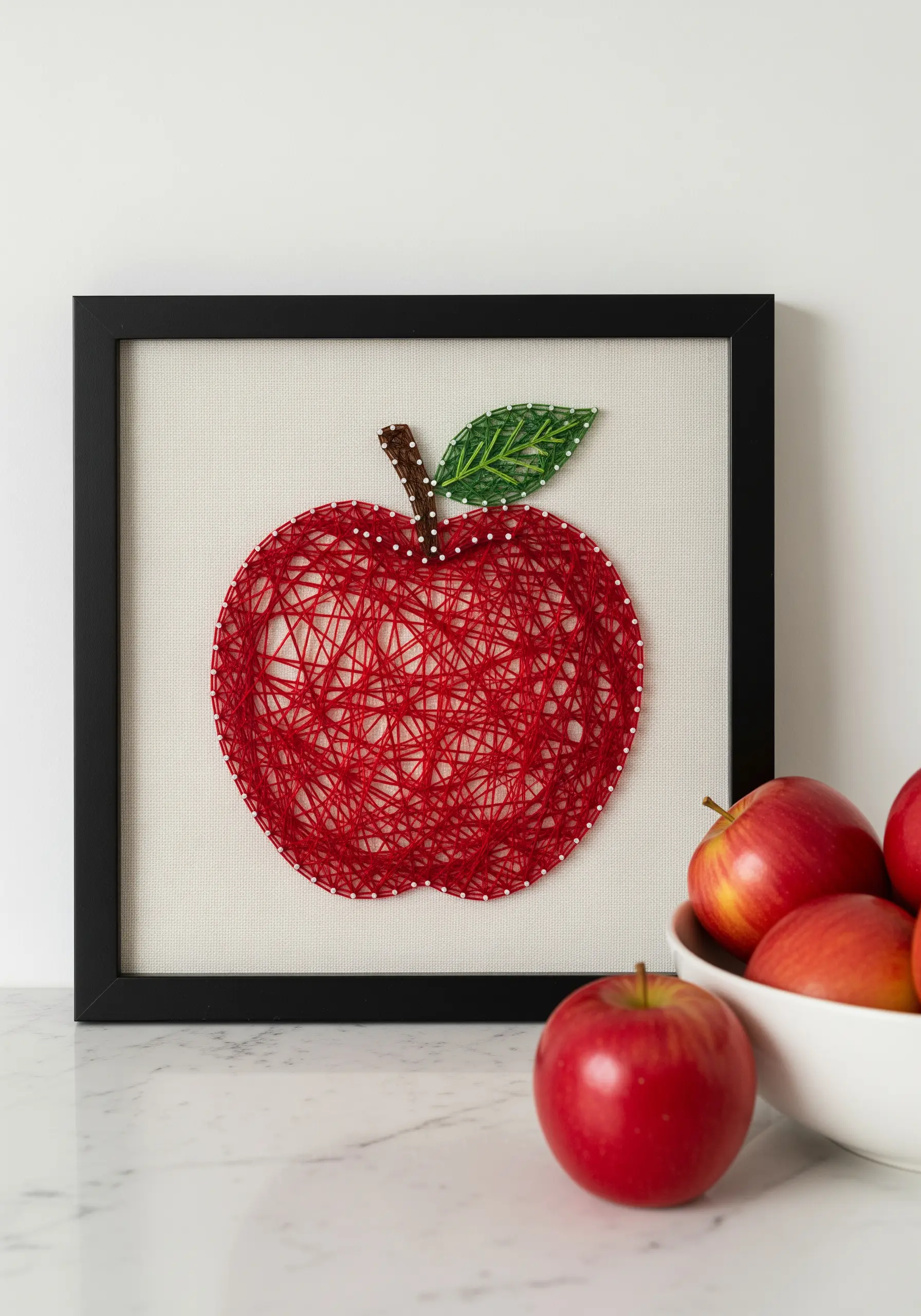 Framed string art red apple with a dense, randomized cross-hatch fill pattern.