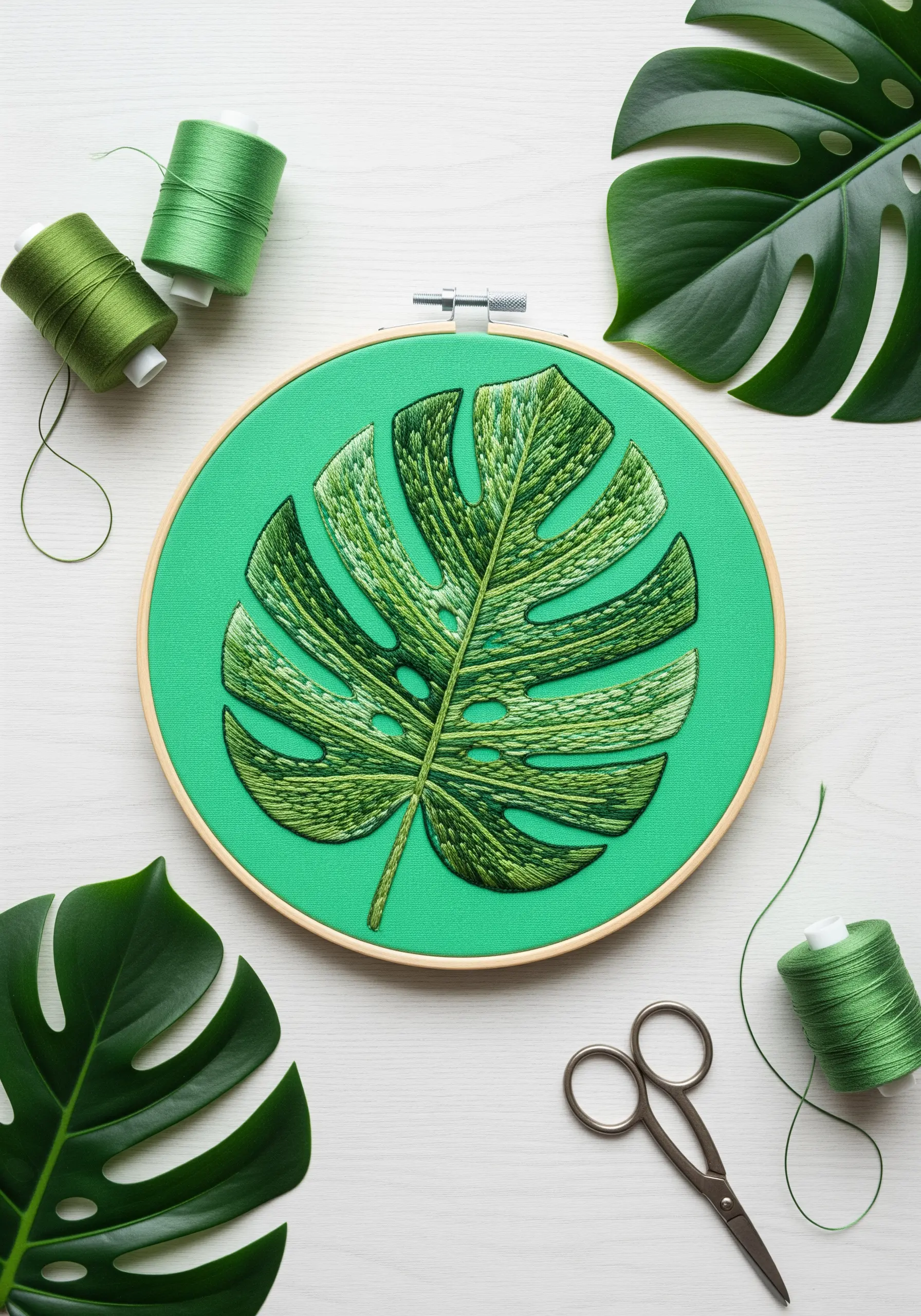 A green monstera leaf embroidered with varied long-and-short stitches to create texture.
