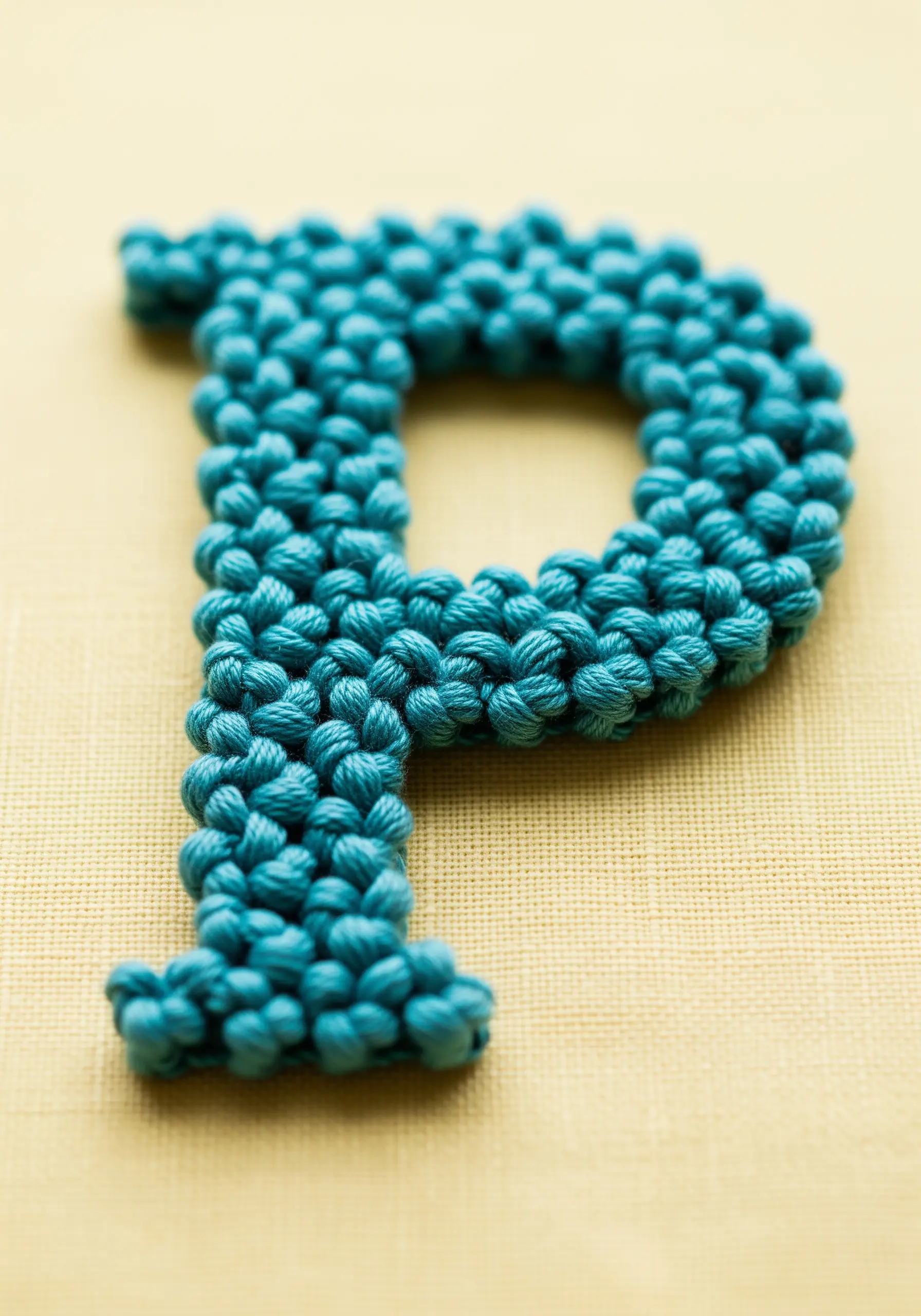 Letter 'P' filled entirely with textured teal French knots on a yellow background.