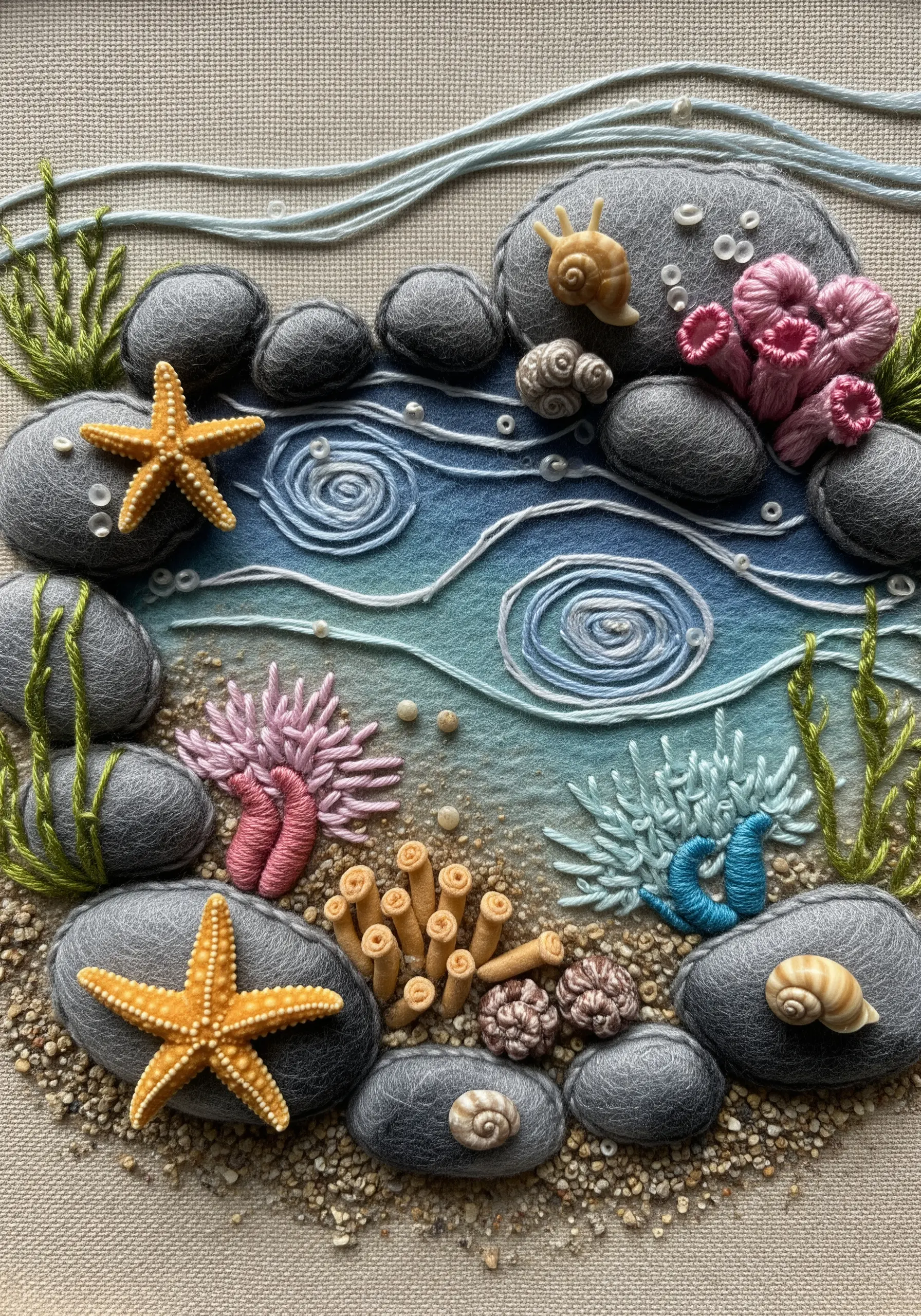 A mixed-media textile piece of a rockpool with felted stones and embroidered creatures.