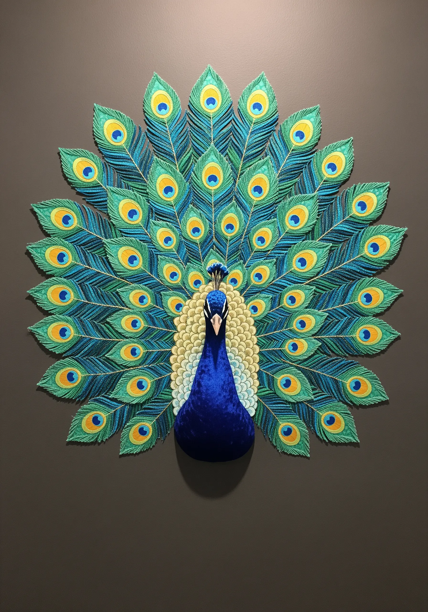 A highly dimensional embroidered peacock with padded satin stitch feathers and a velvet body.