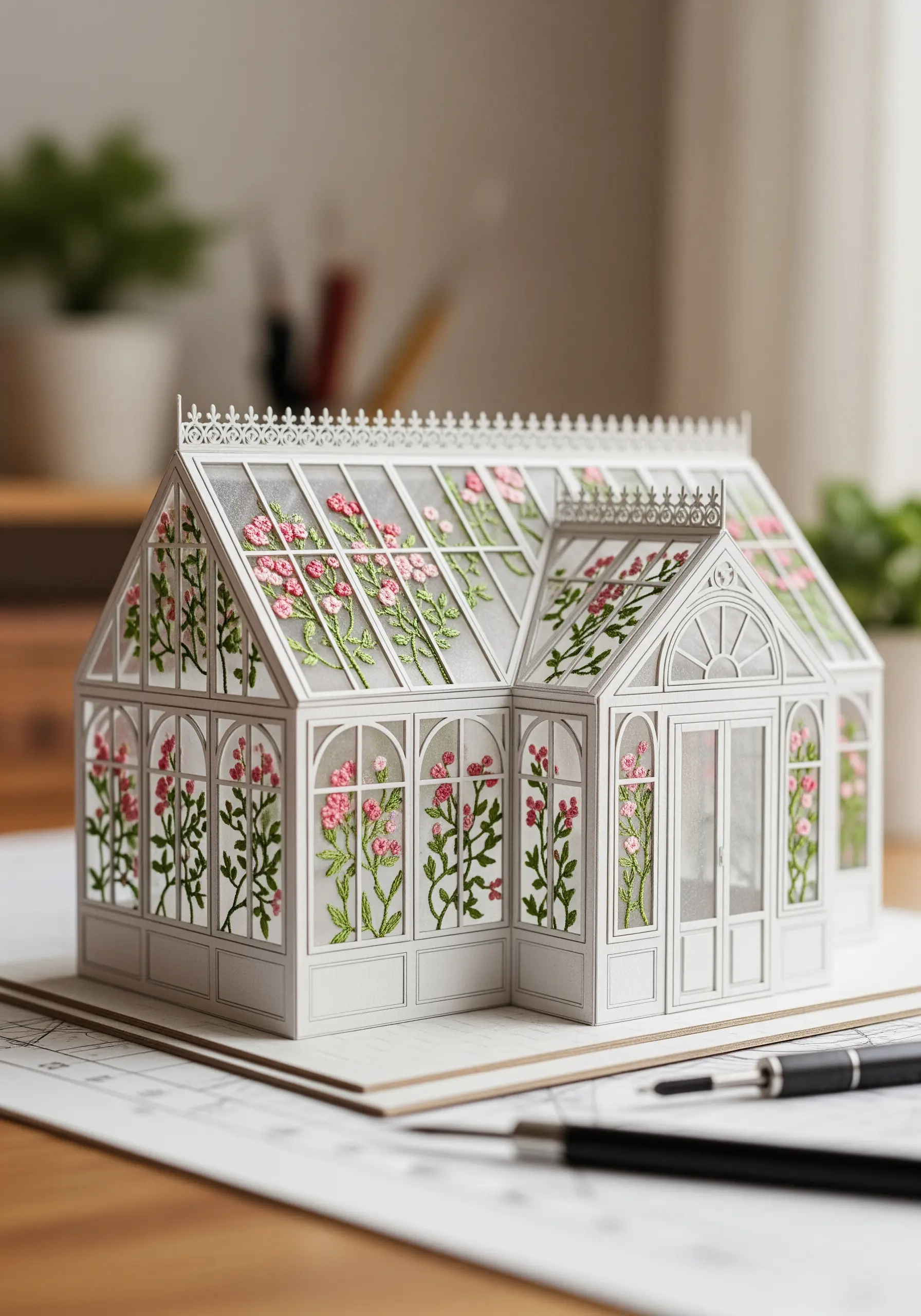 A detailed papercraft greenhouse with tiny pink embroidered roses on the interior panels.