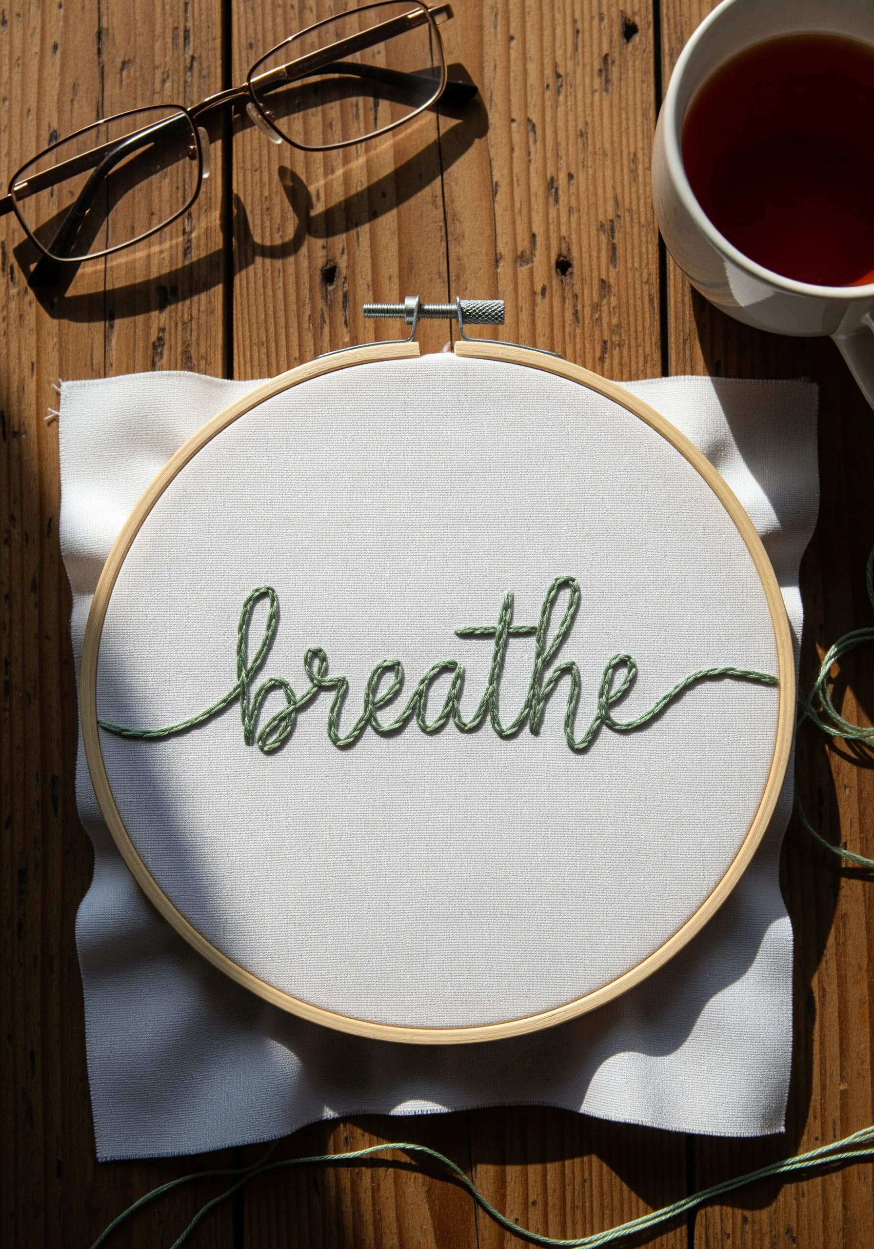 The word 'breathe' embroidered in green cursive script on white fabric.