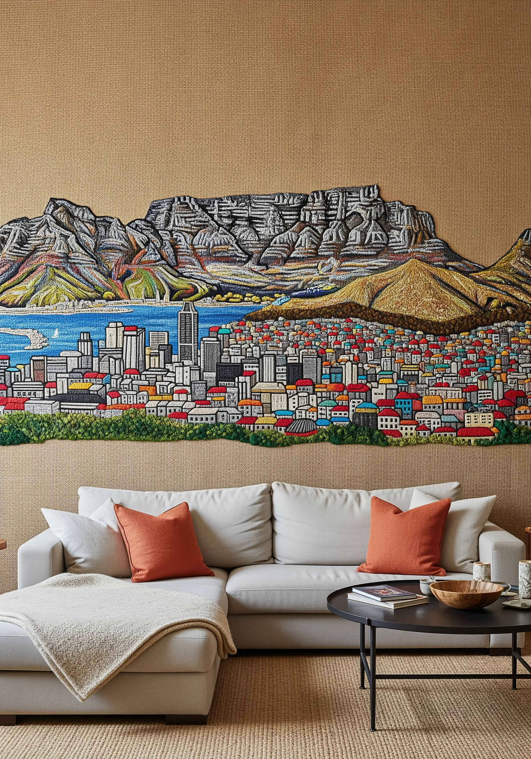 A highly textural, sculptural embroidery of Cape Town and Table Mountain.