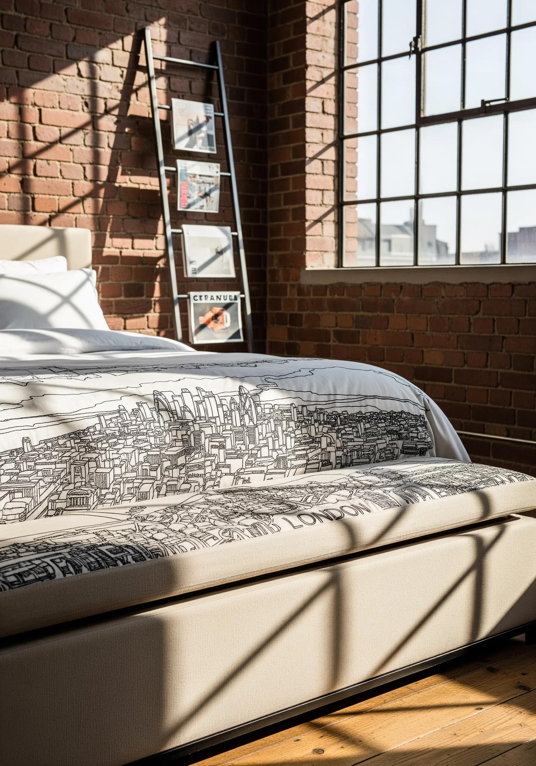 Black thread embroidery of a London cityscape on a white duvet cover.