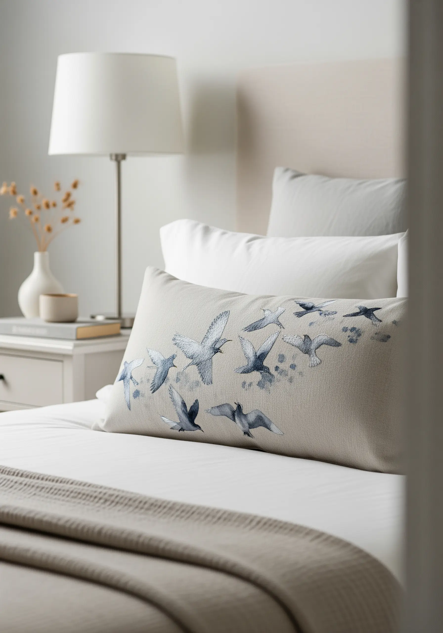 A flock of embroidered seagulls in flight across a linen lumbar pillow.